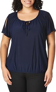 Star Vixen Women's Star Vixen Women's Petite Short/Slit Sleeve Keyhole-tie Peasant Top Bubble Hem