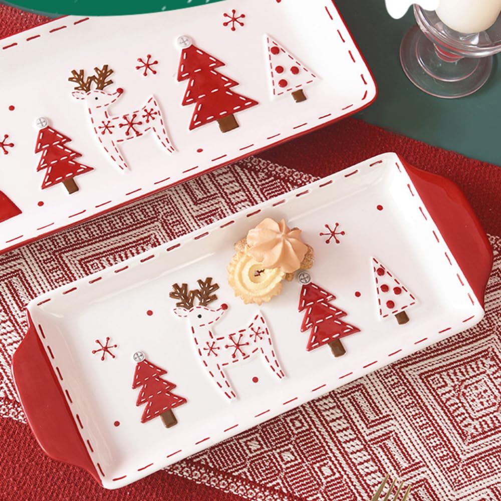 Plato De Cerámica Papá Noel Vajilla Para El Hogar Con Peces Plato Alivio Largo Doble Oreja Plano (Estilo B)