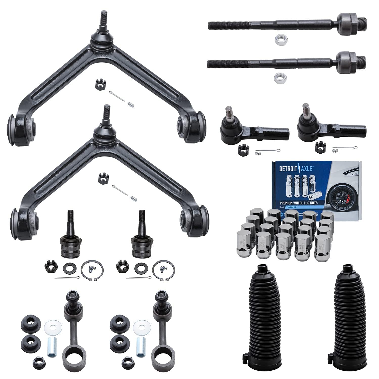 Detroit Axle - Front Control Arms Ball Joints Tie Rods Sway Bars + 20pc Lug