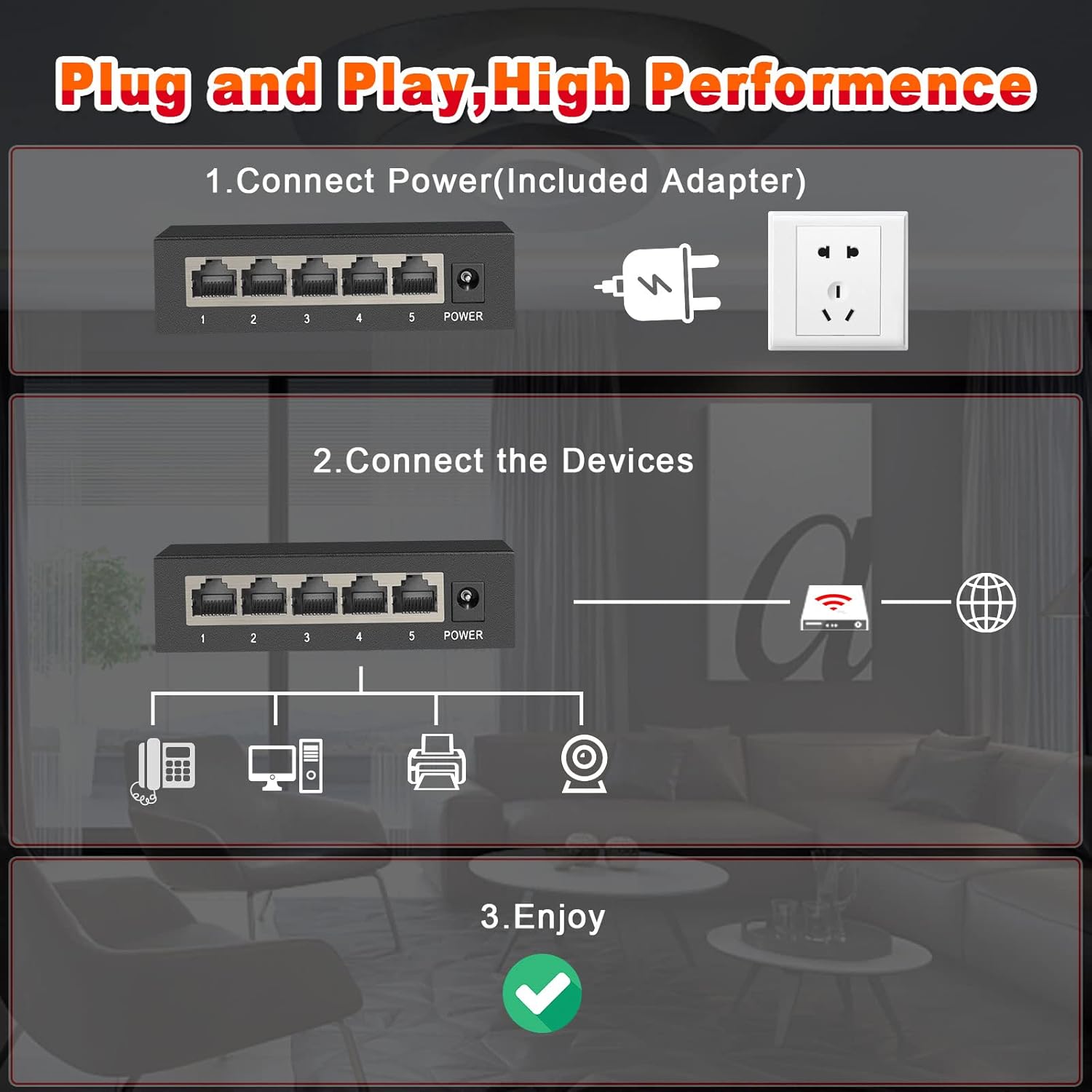 Images showing the network switch on a desktop and wall-mounted