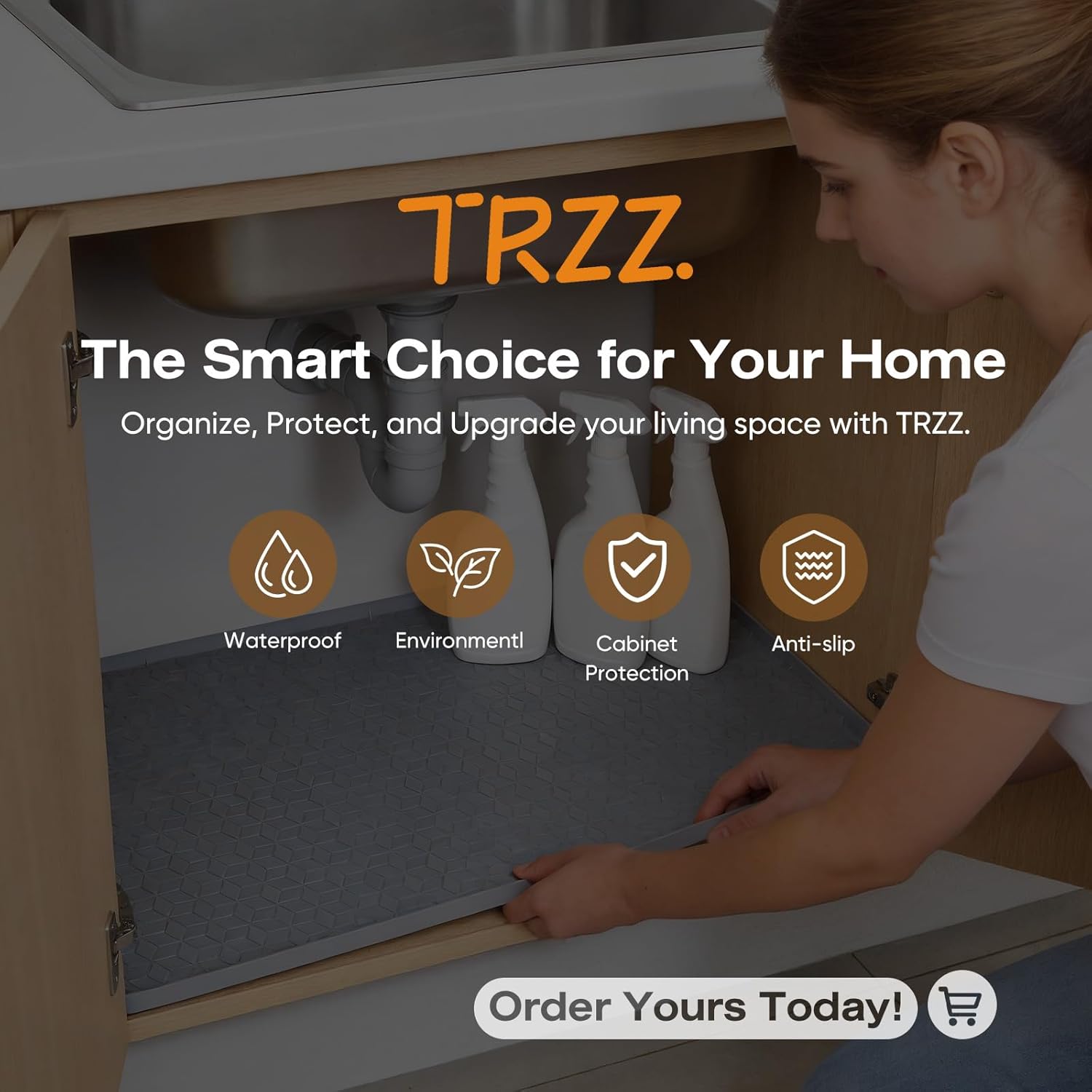 TRZZ Silicone Waterproof Under Sink Mat 34" x 22", Drip Tray and Cabinet Liner for Kitchen and Bathroom, Prevents Water Damage and Organizes Cabinets (Khaki)