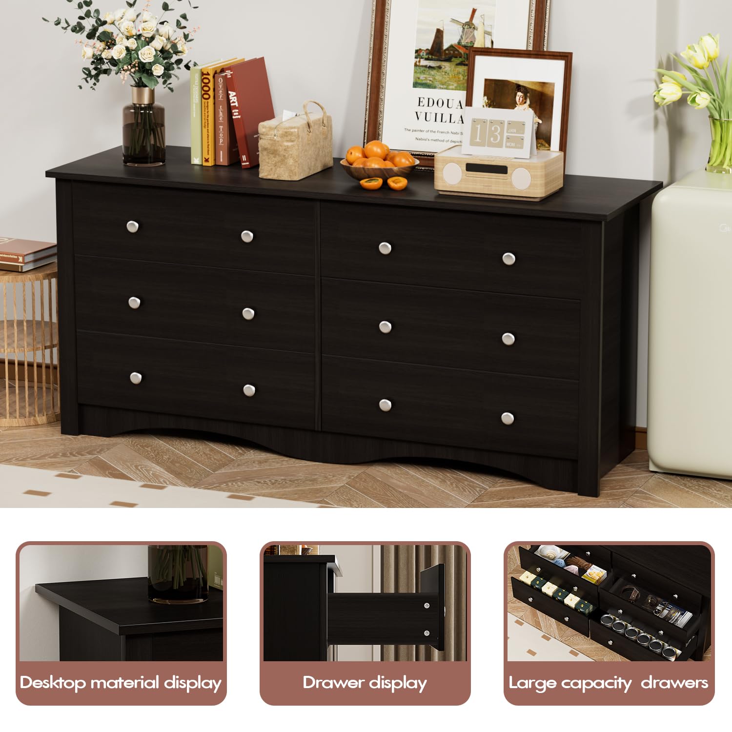 YESHOMY Black Dresser for Bedroom with 6 Drawers, 47.2" Wide Modern Chest of Drawers, Wooden Dresser, Storage Organizer for Living Room, Hallway