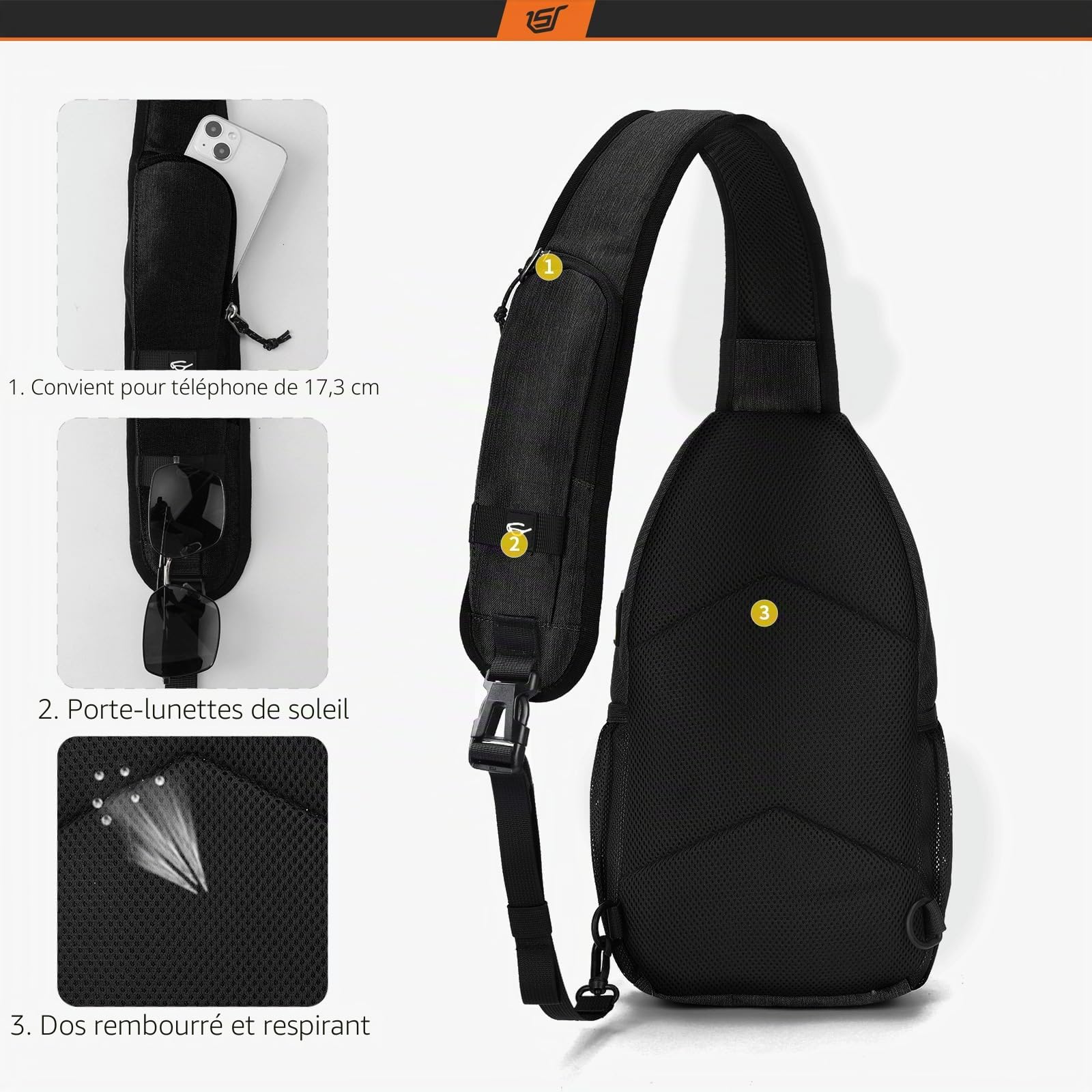 SKYSPER Sacoche Homme Bandouliere, Sacs à dos Porté Travers Sac à Poitrine avec Port pour Écouteurs, Sac à Dos de Voyage pour Homme & Femme