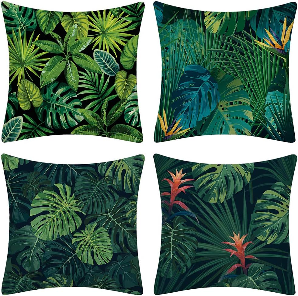 JOTOMMediterranean Artist Cactus Plant Pattern Cushion Cover Pillowcase for Sofa Home Living Room Bedroom Home Decoration, 45 x 45 cm, Set of 4 Pieces (Green Leaf A)