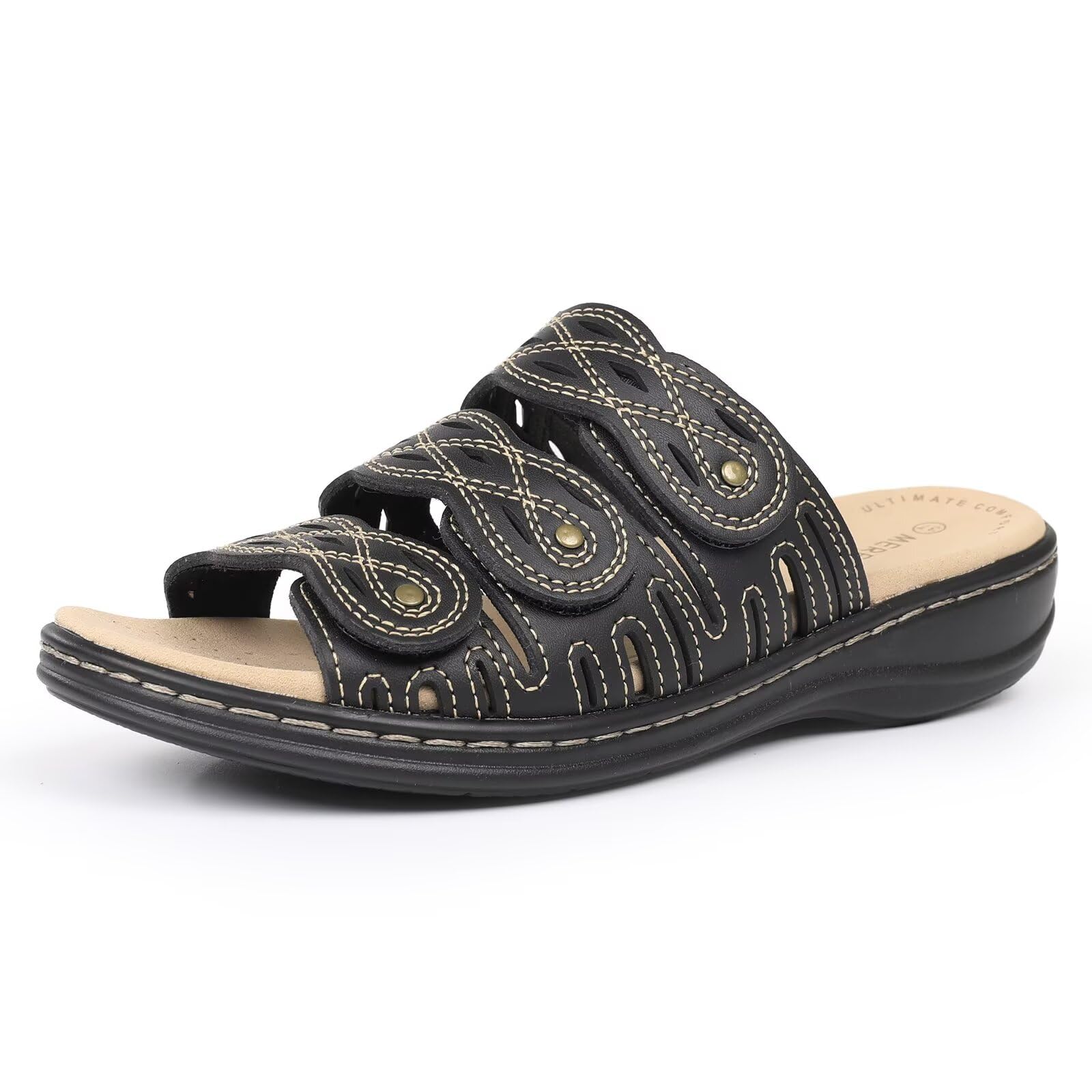 CIOR Women's Classic Leather Sandals, Black, Flat, Open Toe, Arch Support, Adjustable Strap, Casual, Water Resistant, Perfect for Beach, Street,