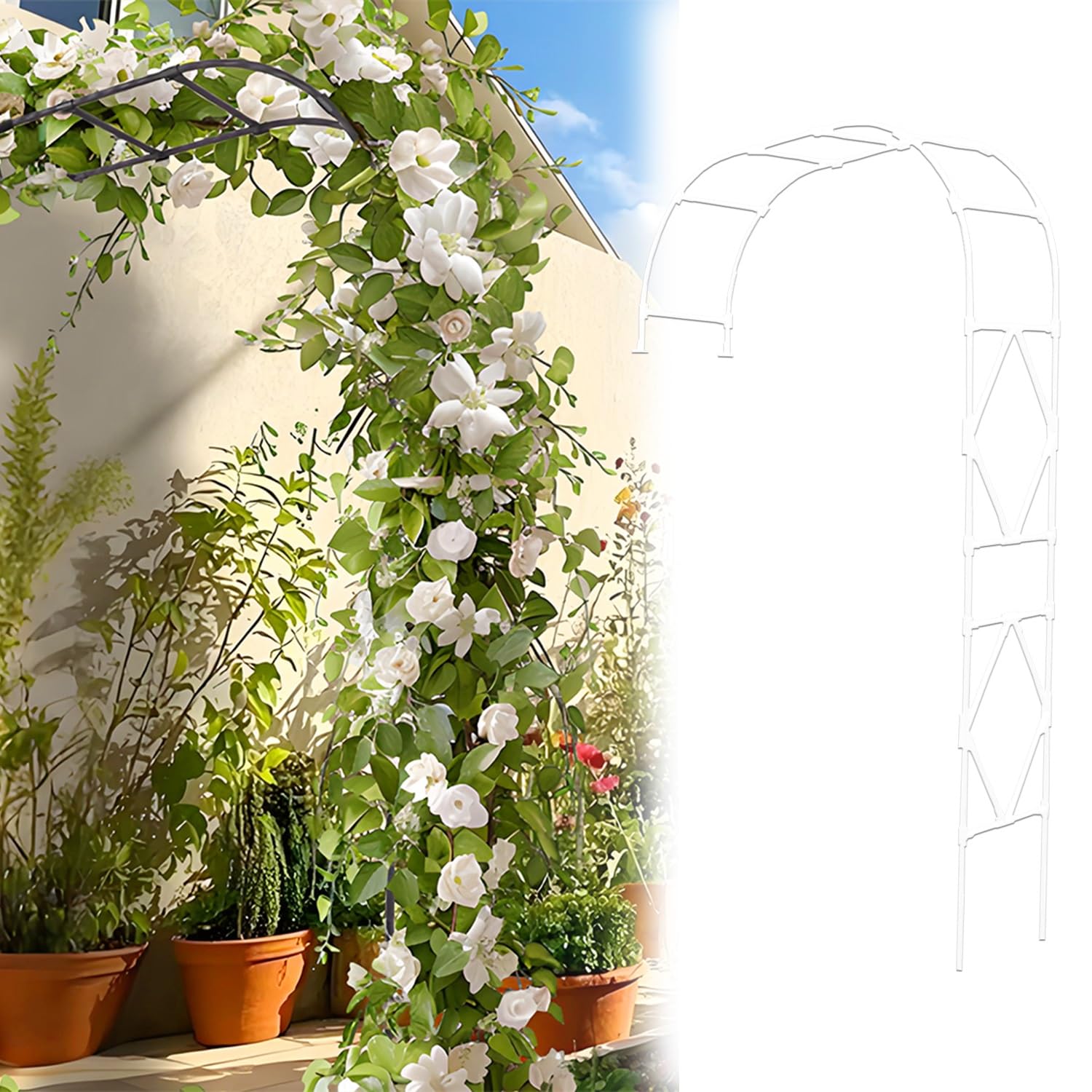 Arco da giardino stabile in metallo per piante rampicanti, altezza 2,4 m, bianco, mezzo arco, decorazione da giardino all'aperto, perfetto per rose e viti (larghezza 210 x altezza 240 cm)