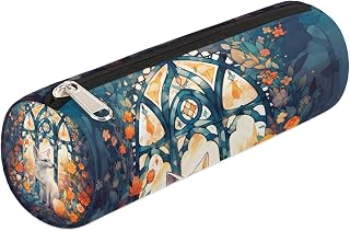 White Foxes Flowers Cylinder Pencil Case Holder Zipper Pen Pouch Bag Stationery Cosmetic Organizer Bag for Office School College Work