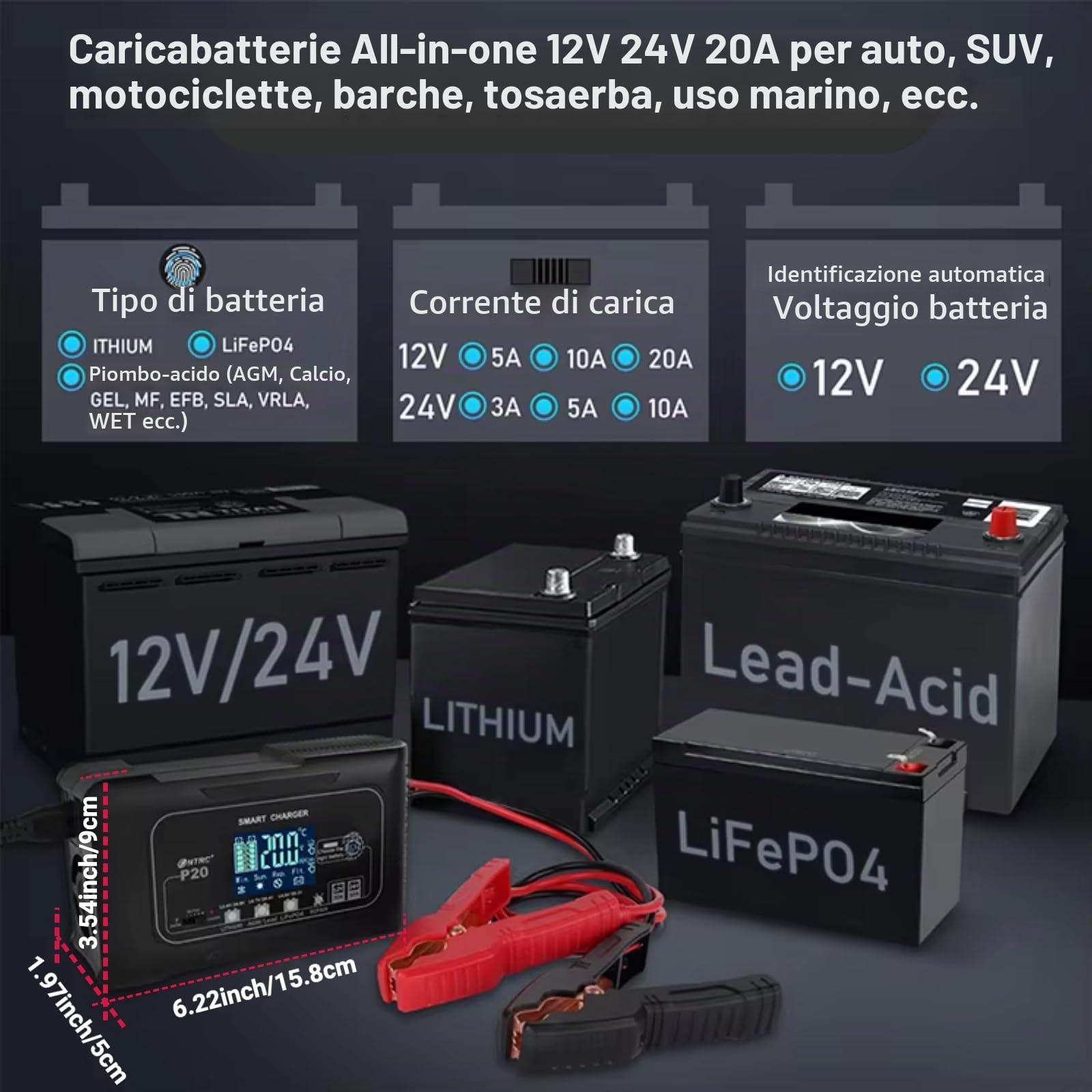 Caricabatterie intelligente da 12 V/24 V 20 A con riparazione di impulsi – Caricatore a 4 modalità per batterie LiFePO4/AGM/piombo-acido per auto, moto, barca, tosaerba (inverno/estate)
