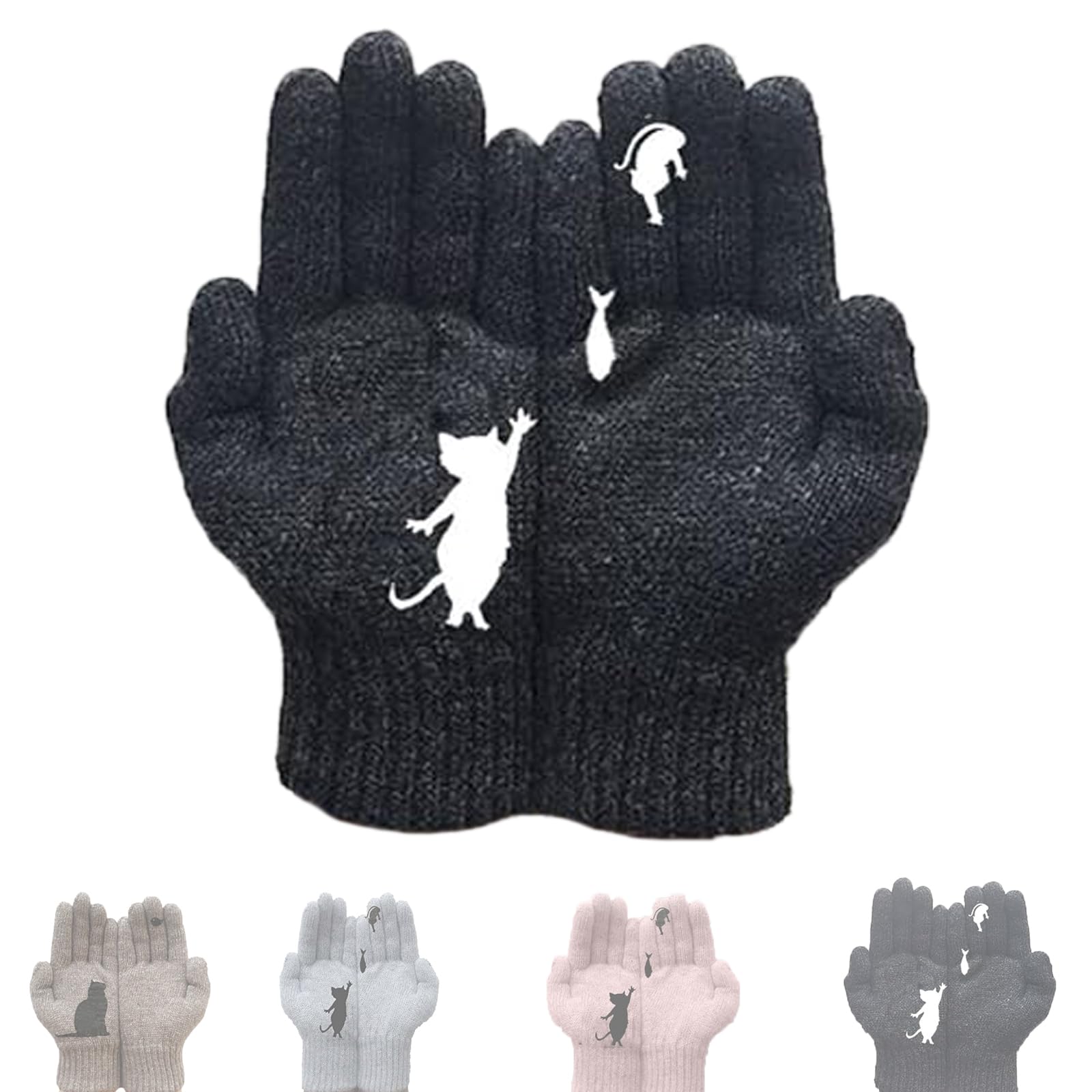 Busgiuar Women's Black Cat Fan Cotton Gloves,Cat Bird Print Gloves,Winter Mitten Thermal Knitted Full Fingers Gloves (Black)