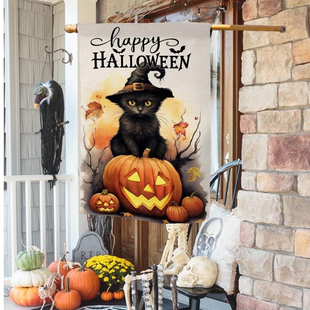 Amazon.co.jp: BLKWHT ハロウィン 猫 家 旗 28 x 40 縦 両面 ハッピー