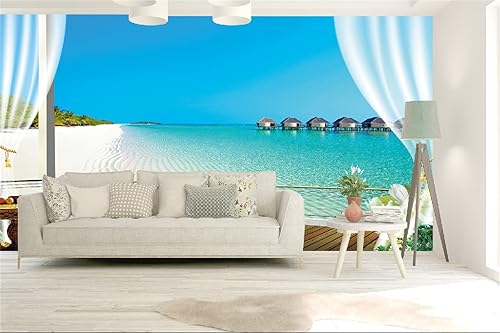 Miniatura 7 de FLFK Murales de pared 3D para despegar y pegar, océano, playa, balcón, papel tapiz autoadhesivo para póster grande, adhesivo de pared para