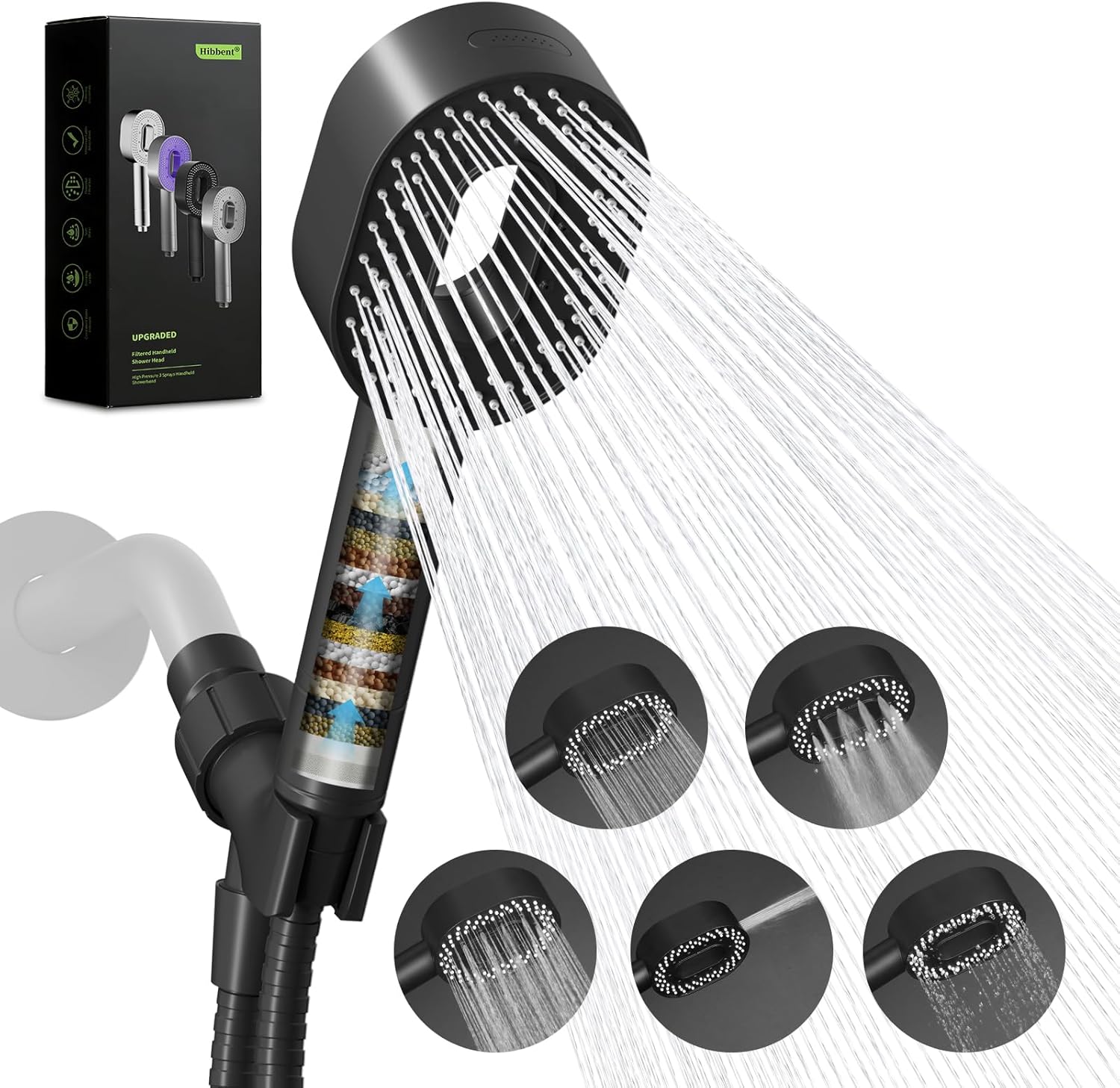 Regadera de Mano Hibbent con Filtro, 5 Modos, Manguera 71"