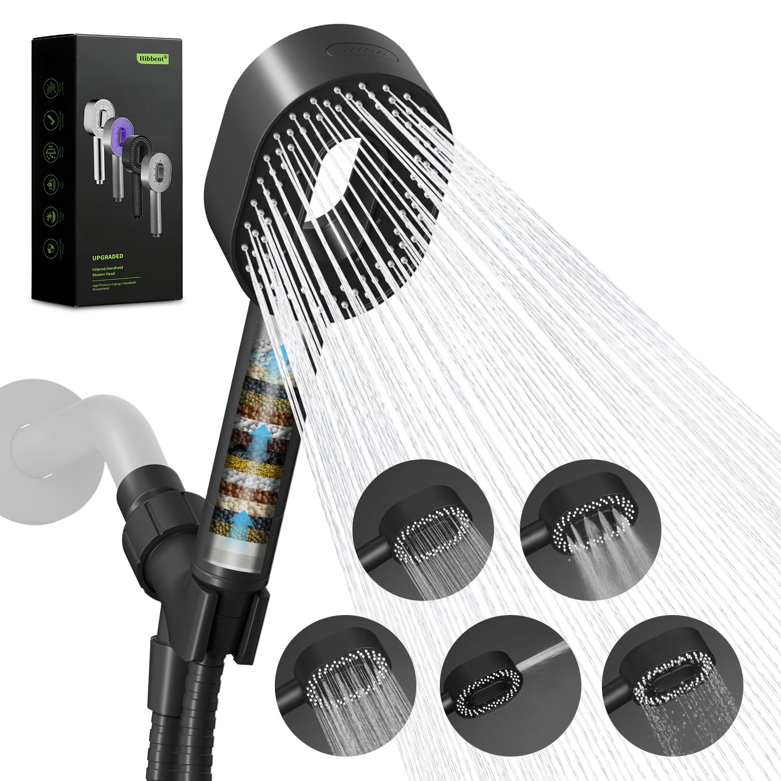 Hibbent Filtered Showerhead with handheld, High Pressure 5 Sprays Handheld Shower Head with Brass Holder & 71" Metal Hose, Water Softener for Hard Water-Remove Chlorine, Reduces Dry Itchy Skin, Black - 1