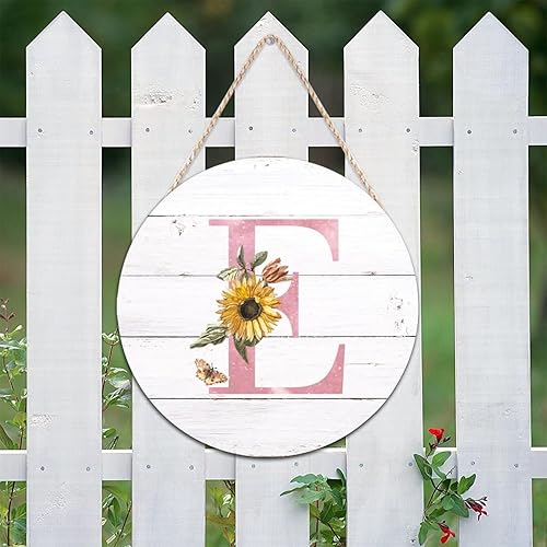 Miniatura 2 de BESTORLOVE Letrero de bienvenida para pared letra inicial E letreros redondos de madera rosa monograma girasol placa de madera floral flores campo