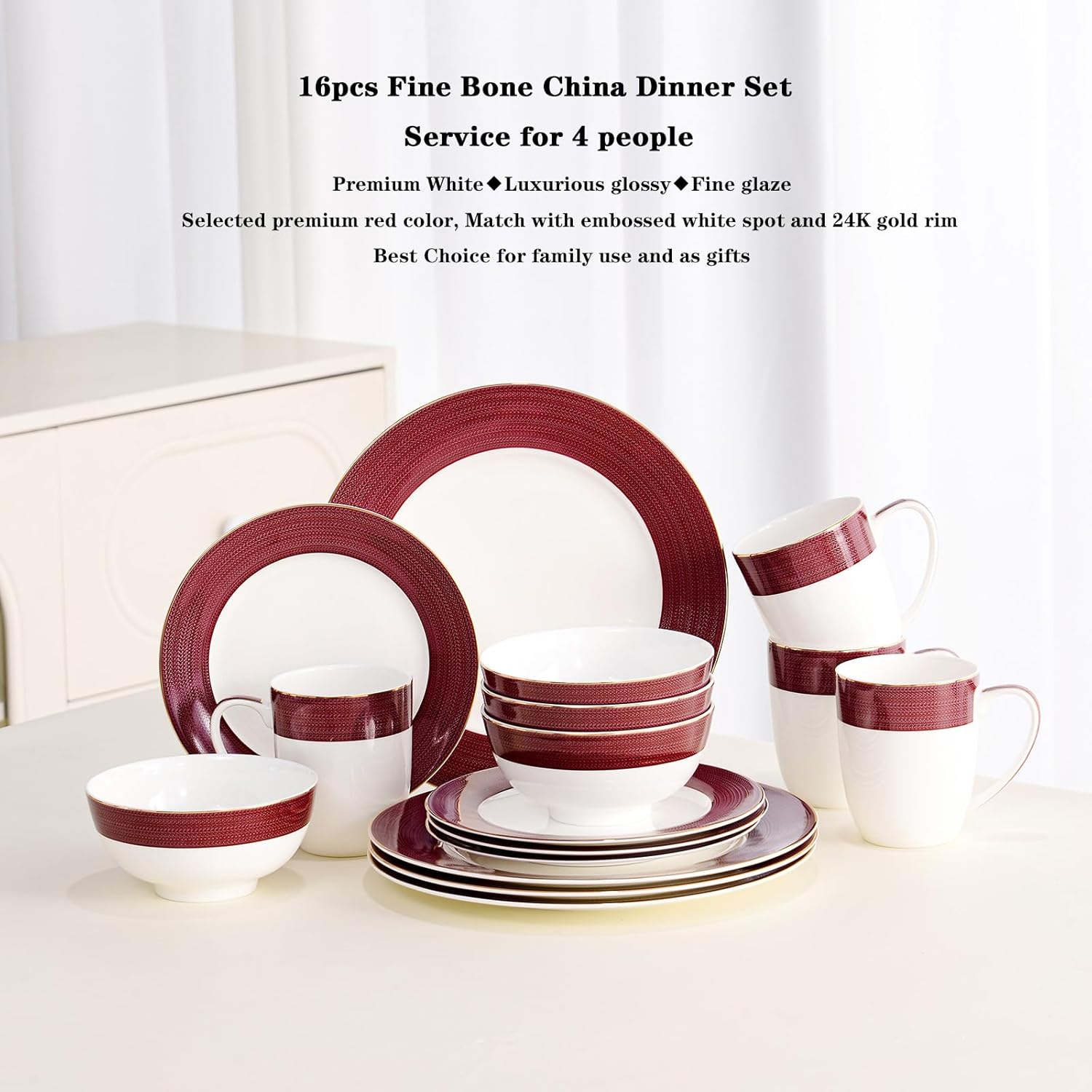 16-Piece Fine Bone China Dinnerware Set, Dinner Plates,Bowls and Mugs Set, Dishware Set for 4, With Selected Christmas Premium Red and Green pattern, White Embossed Spot Ornament and Gold Rim