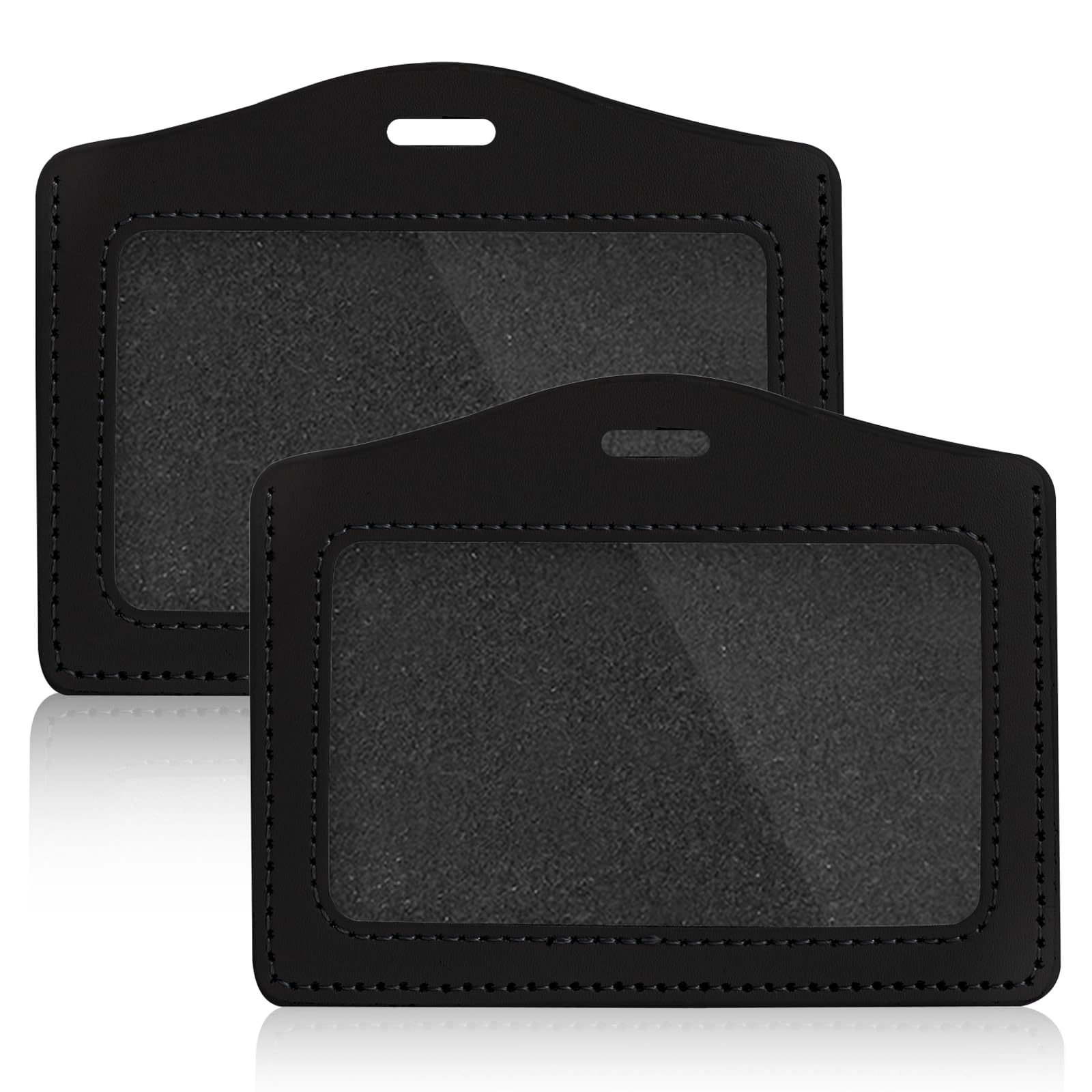 KALIONE 2 Pcs Genuine Leather ID Badge Holder Horizontal Single-Side Clear Card Holder Waterproof Name Badge Holder for Office, Staff, Students, Employees (Black&Black), 558380_3_XZFNEXFBK