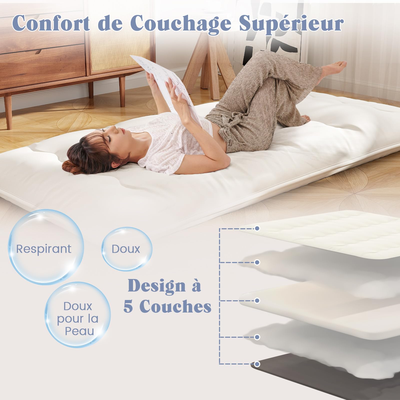 COSTWAY Matelas Futon Portable Pliable, Matelas Futon Japonais 90 x 200 cm, Housse Lavable, Matelas de Sol avec Sac de Transport, pour Le Camping, Les Voyages, d'Invités (Beige)