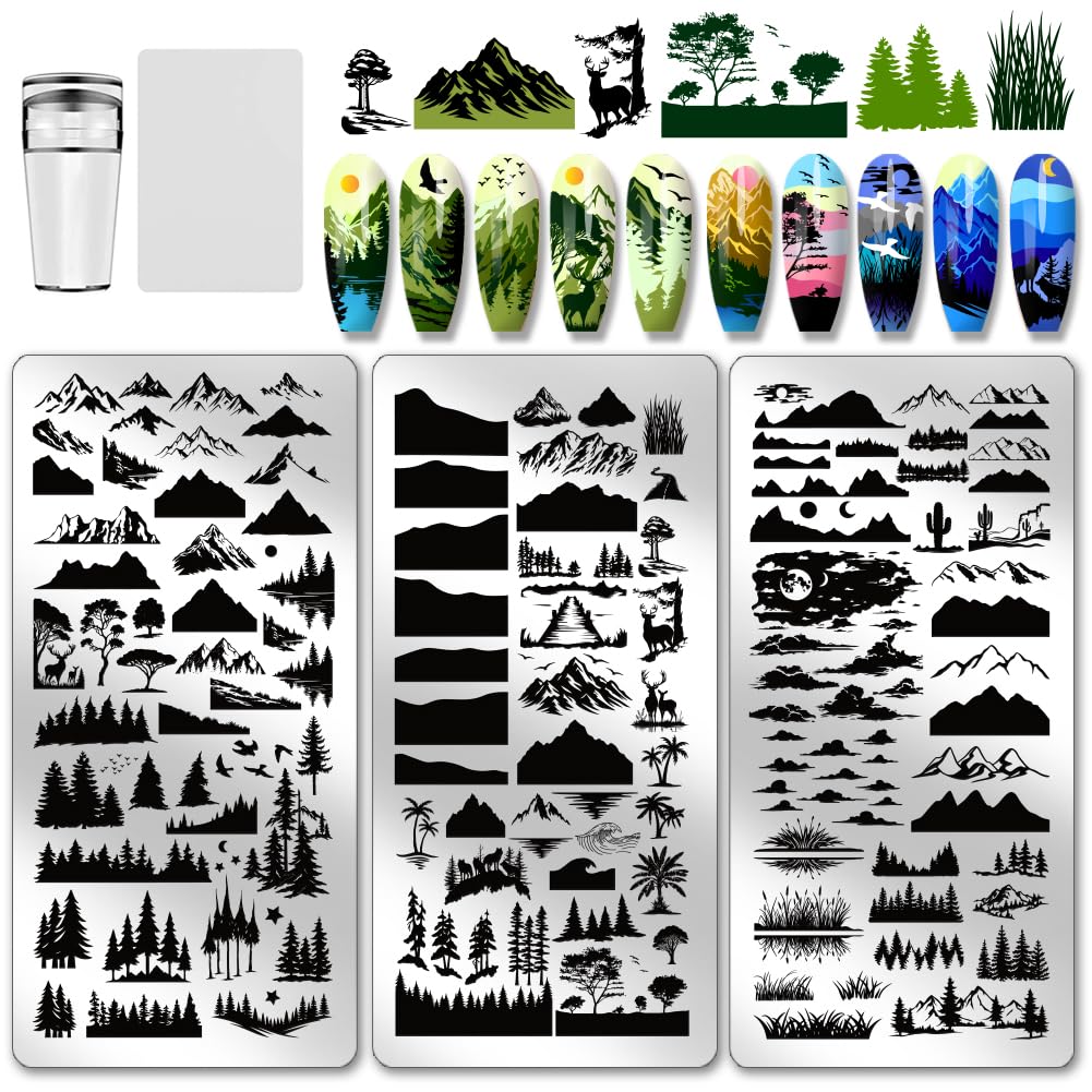 PH PandaHall 3pcs Mountains Nail Stamping Plate, Nature Nail Art Templates Plant Tree Lake Moon DIY Image Stamping Plates Tool Stencils for Women Print Manicures Salon Design Supplies-image-45