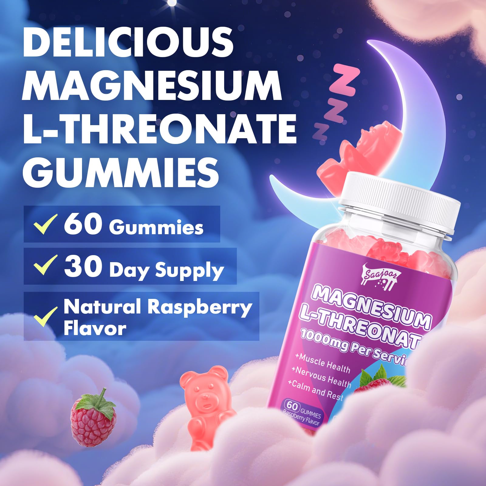 Magnesium L-Threonate Gummies 1000mg - Supplement for Kids & Adults, Muscle & Nervous System Support, Non-GMO, Sugar-Free, Raspberry Flavor, 60 Gummies