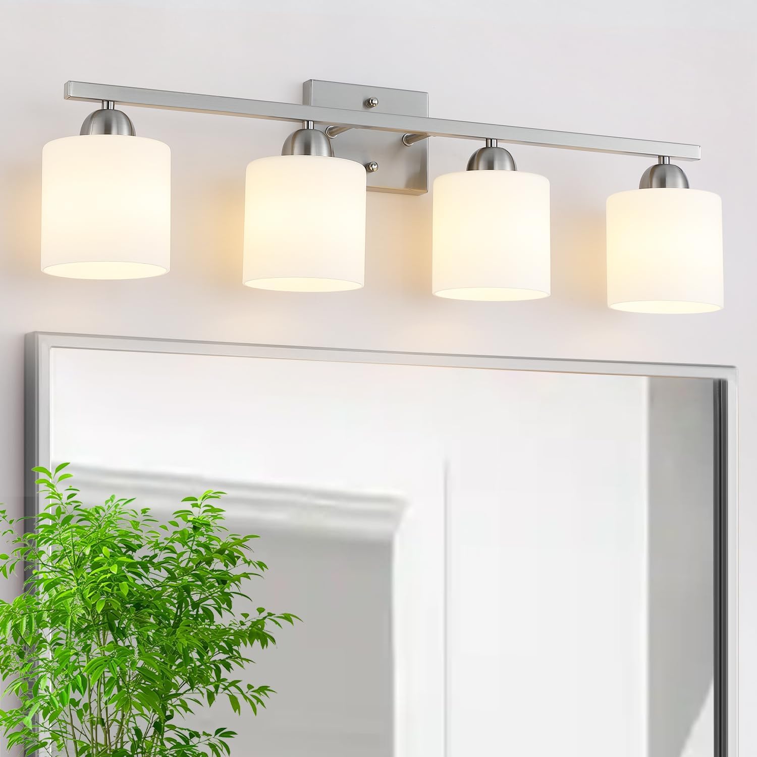 Stainless Steel Milk Glass Bathroom Vanity Light Over Mirror, 4 Light Brushed Nickel Bathroom Light Fixtures with Frosted Glass, Modern Vanity Lighting Wall Mount Brushed Nickel 4 Light