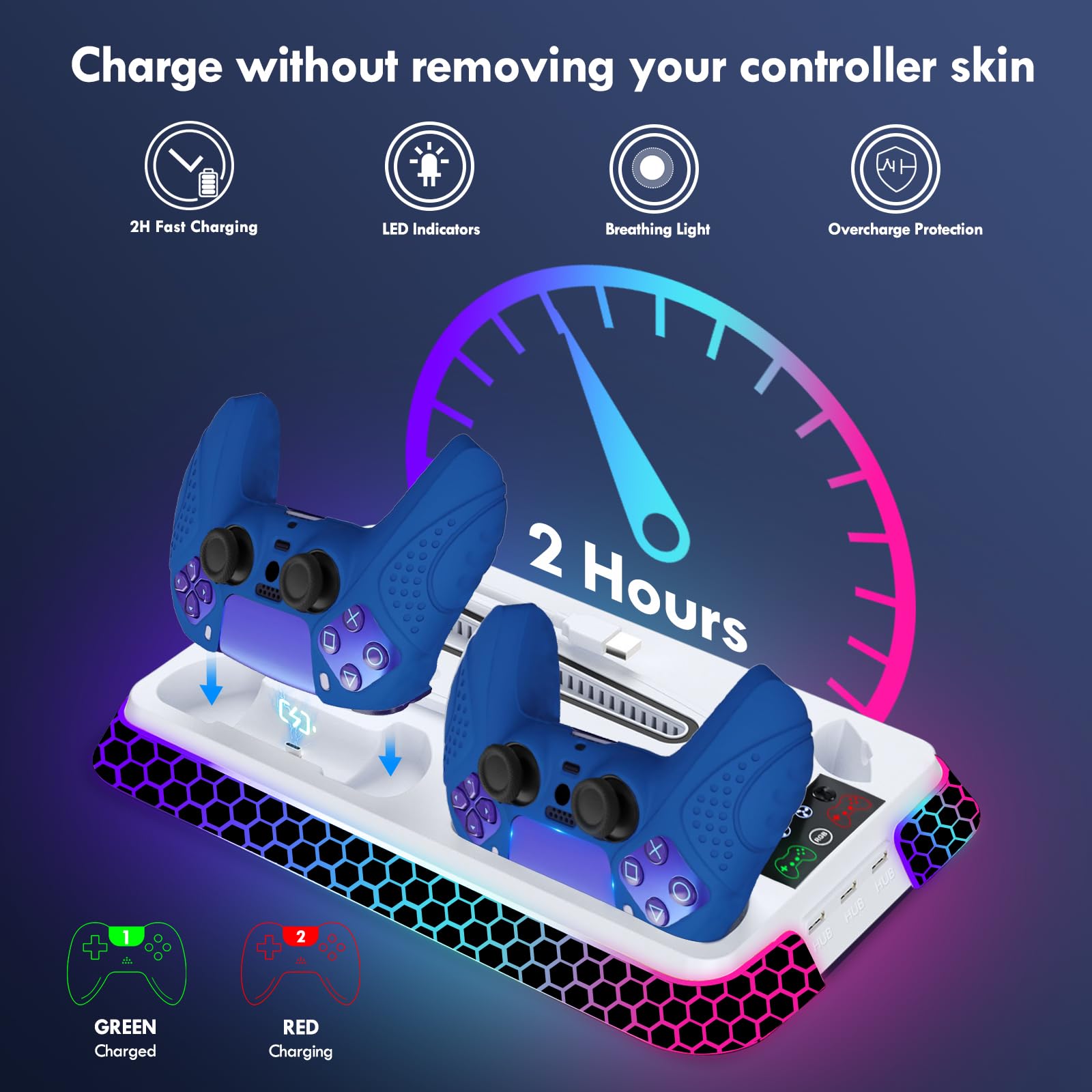 Ugame Estación de refrigeración PS5 para consola PS5/Pro/Slim con luces RGB, soporte PS5 con ventiladores de refrigeración silenciosos de 3 niveles, cargador de controlador dual y concentradores USB