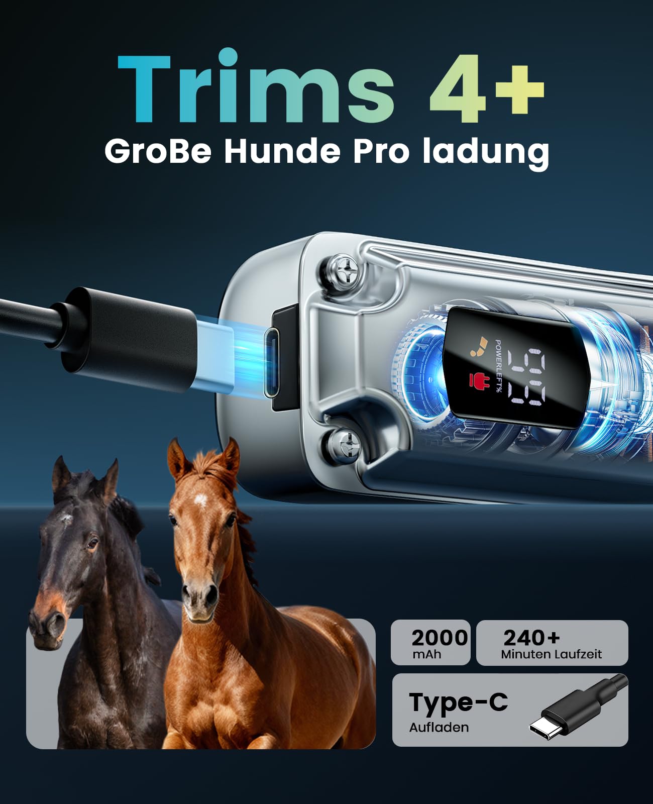 oneisall Kabellose Schermaschine Pferd, Pferdeschermaschine mit 6 Aufsätzen und abnehmbarer Edelstahlklinge im Stall, Leise Tierschermaschine Pferd/Hund für dickes fell, 4h Laufzeit