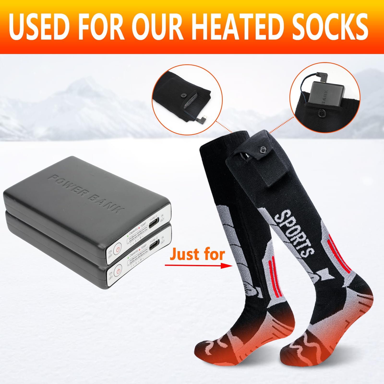 Chaussettes Chauffantes Rechargeables 5000mAh - 4 Températures - Lavables - Pour Ski, Camping, Moto
