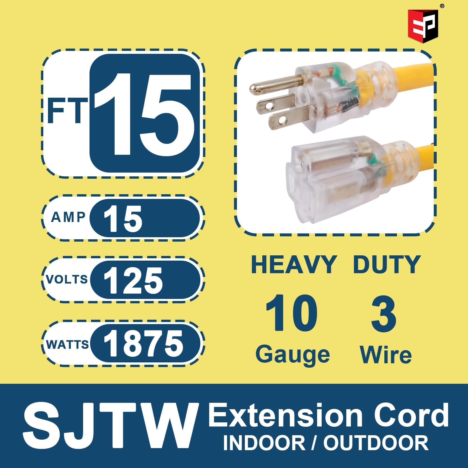 EP - Cable de Alimentacion y Extensión para Exteriores Iluminado de 15 pies, 10/3 SJTW, Cable de Extensión Amarillo Resistente con Enchufe de Tierra de 3 Puntas para Mayor Seguridad, Listado UL