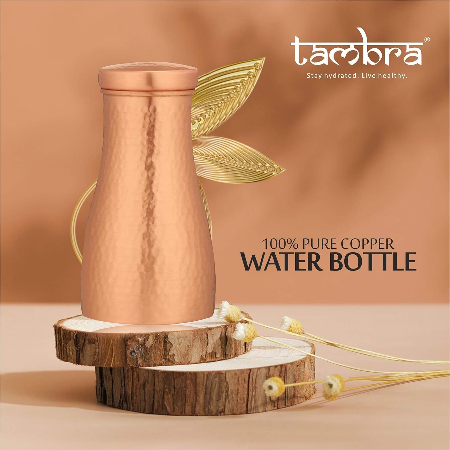 Tambra Pure Copper Bedroom Bottle with Inbuilt Glass & Printed Design, Drinkware & Storage Purpose, Bed Jar, Volume-40Oz (HAMMERED)