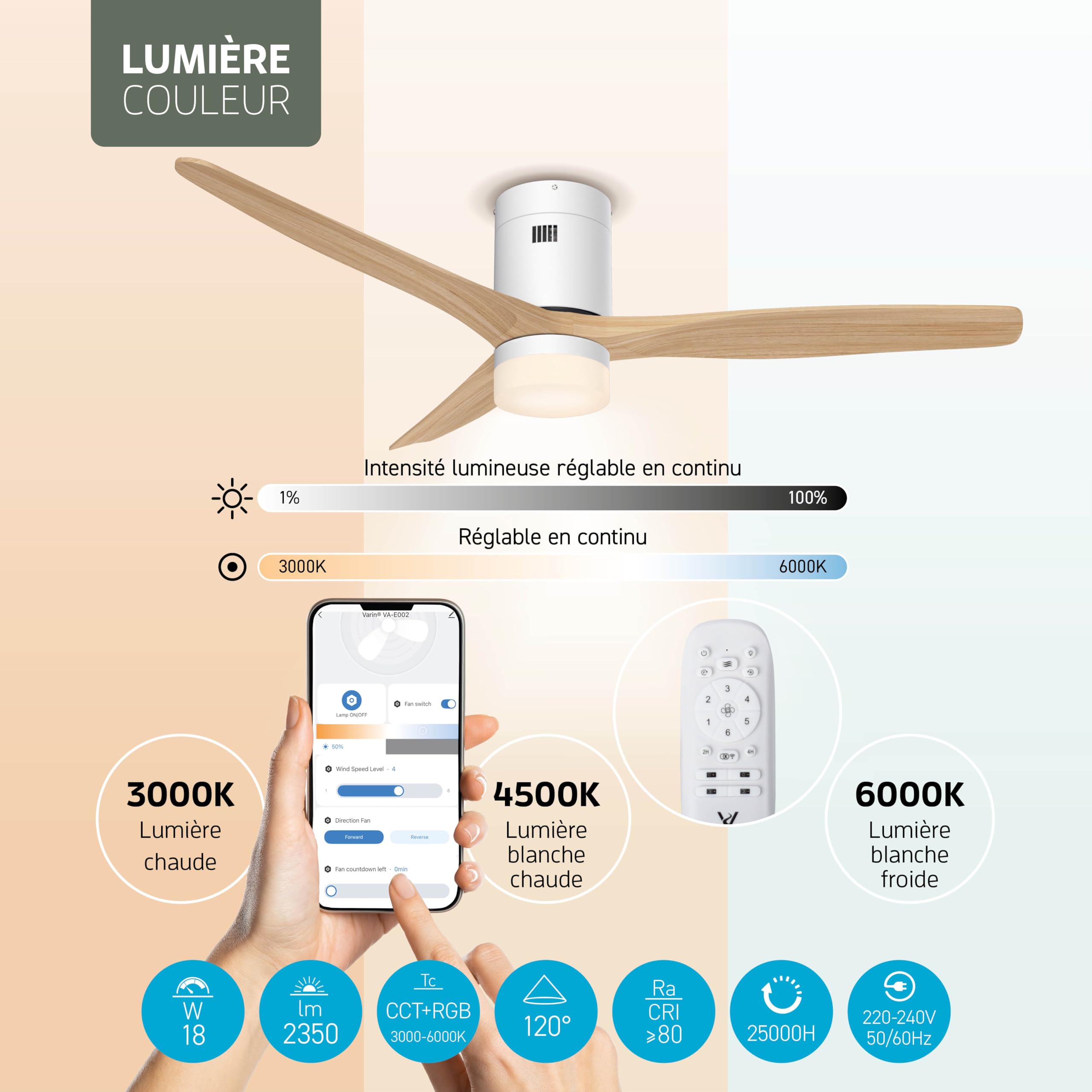 Varin® Ventilateur Plafond avec Lumiere Intelligent, Ø 132cm, Blanc/Bois
