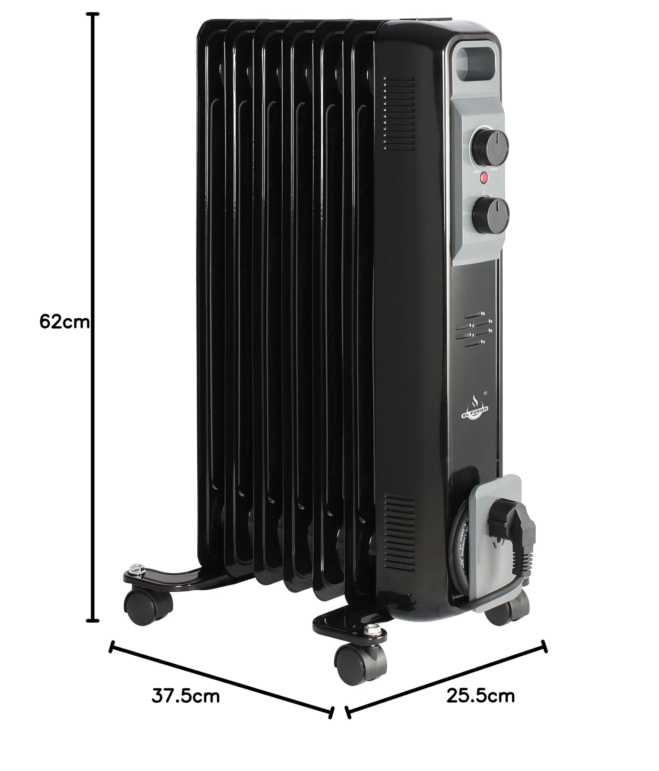 El Fuego Mobilny elektryczny grzejnik olejowy | z 7 żebrami | kolor: czarny | energooszczędny | 600 / 900 / 1500 W | grzejnik elektryczny