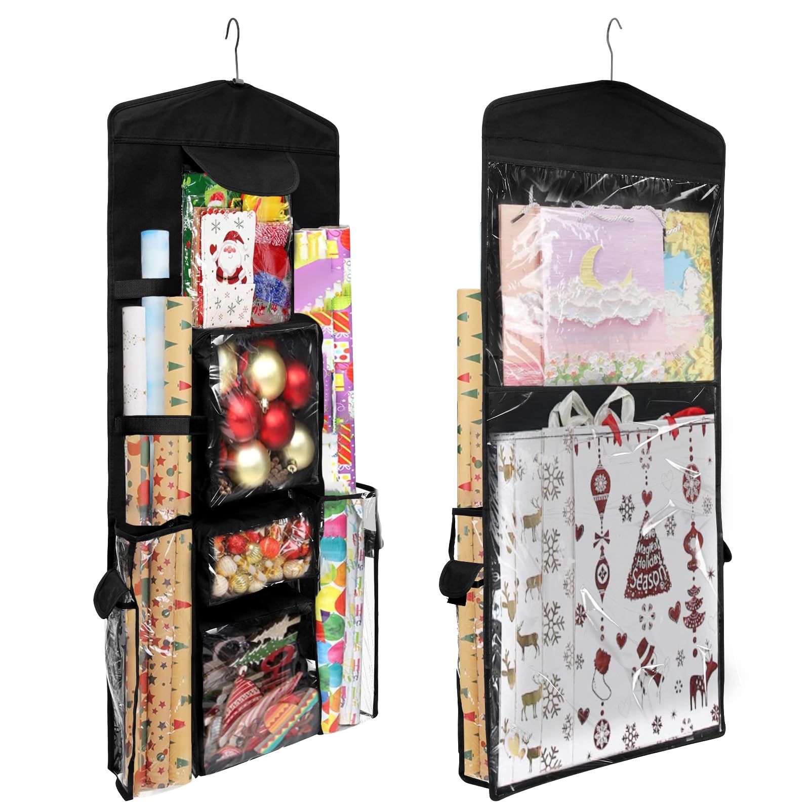 Double-Sided Hanging Present Bag, Hanging Gifts Wrapping Paper Storage Organizer Bag,Wrapping Paper Gifts Storage with Multiple Pockets 40X101cm Clear PVC