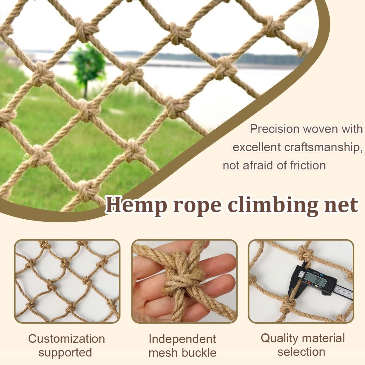 Umweltfreundliches, handgefertigtes Jute-Netz für Pflanzenunterstützung und Treppensicherheit, individuelle Größe (1 x 1 m, 12 mm), ideal für Spielbereiche im Innen- und Außenbereich, langlebige und