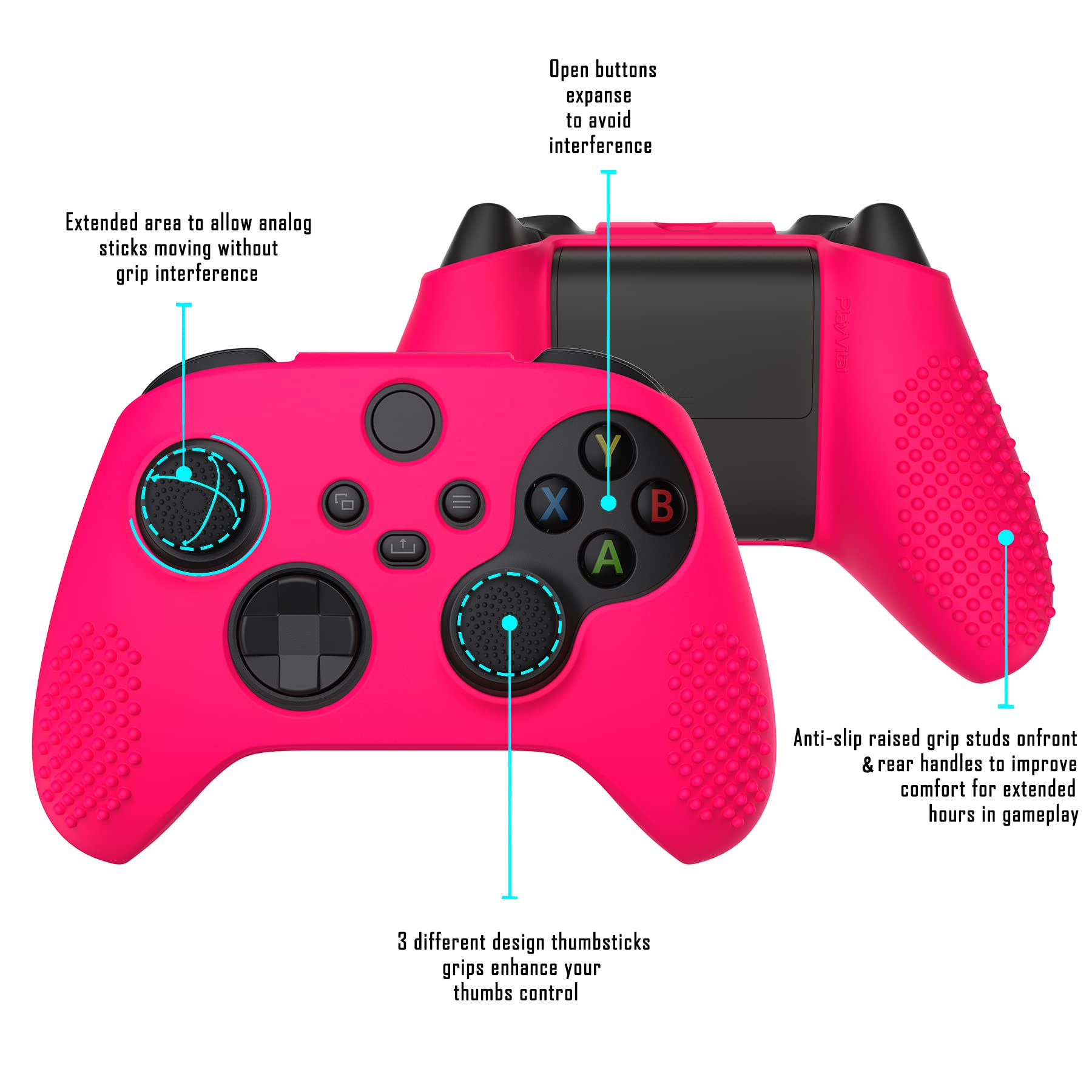 eXtremeRate PlayVital 3D Studded Edition Anti-Slip Silicone Cover Skin for Xbox Series X/S Controller, Soft Rubber Case Protector for Xbox Core Wireless Controller with Thumb Grip Caps - Bright Pink - 3