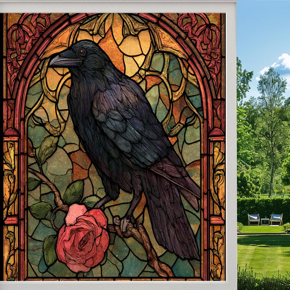 Black Crow Bird Stained Glass Window Film, Gothic Rose Flower Raven Peel and Stick Privacy Film, Frosted Adhesive Vinyl Decorative for Bathroom Windows Glass Doors,（45x100cm）