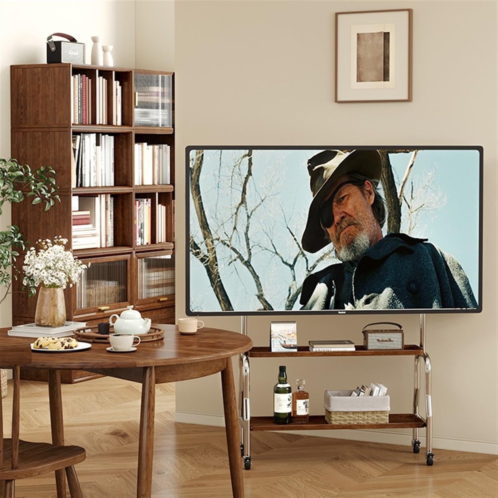 Szafka pod TV Ruchomy stojak pod telewizor na podłogę do telewizorów LCD/LED o przekątnej 43-75 cali, wózek z regulacją wysokości i półką sprzęt multimedialny drewna, przenośny kółkach