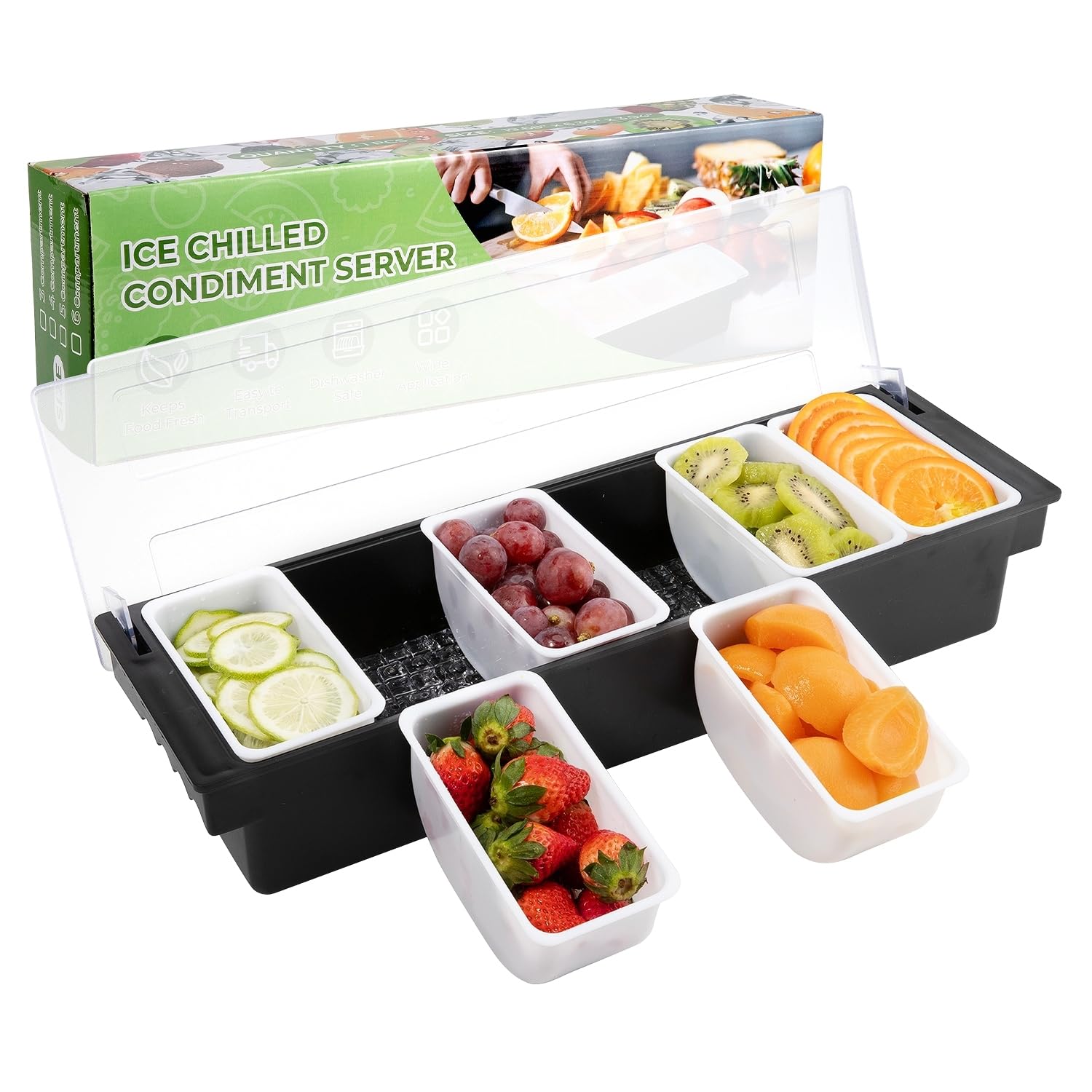 Eisgekühlter Gewürz-Servierbehälter, Obst, Gemüse, Gewürzbehälter, Kunststoff, Garnierstation mit Deckel für Obst, Eis, Salat, Bar-Topping Organizer für Restaurantbedarf (6 Fächer)