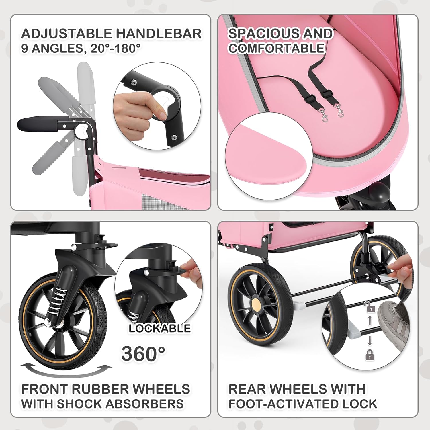 MoNiBloom Pet Stroller for Large Dogs or Multiple Dogs Cats with Adjustable Handle, 3-Wheels Dual Entry Portable Dog Carting Easy Folding Pet Wagon Double Dog Stroller up to 55 lbs, Pink