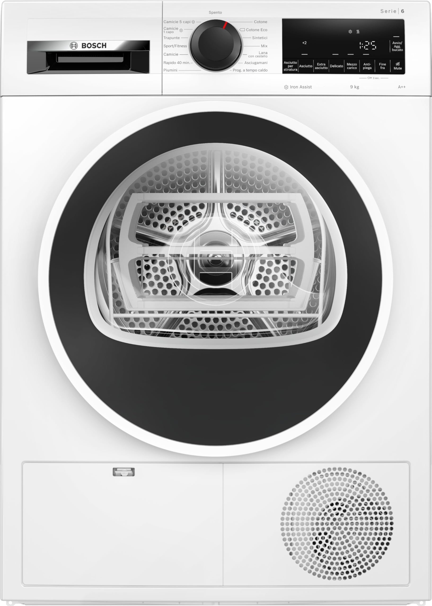 Bosch WQG241A5IT Serie 6 Asciugatrice a pompa di calore, 9 kg, Classe energetica E, Sensori di asciugatura intelligenti, Filtro semplice da pulire, Riduce le pieghe,Bianco, 60 Cm
