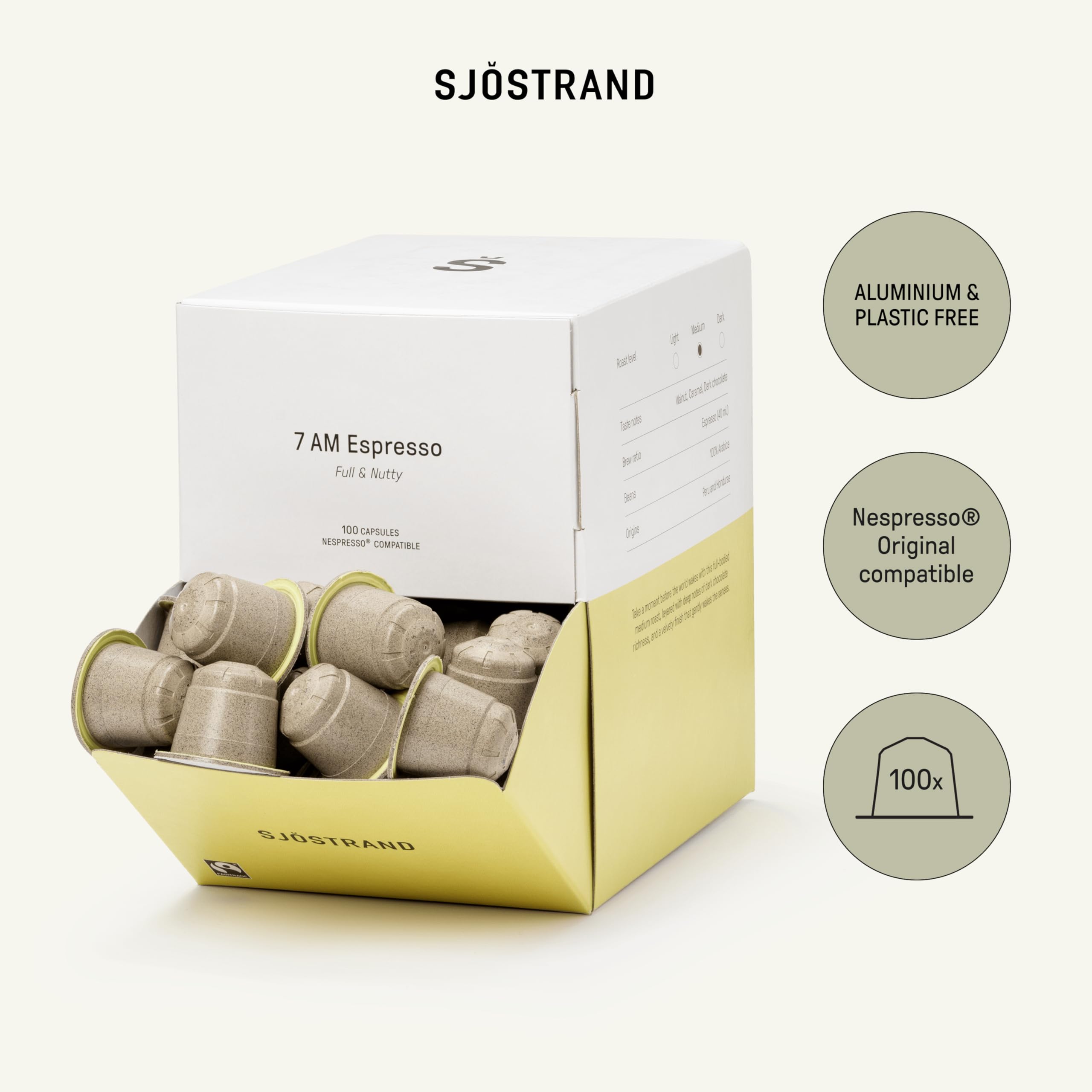 Sjöstrand Coffee Concept 7 AM Espresso - Cápsulas de café orgánico, compatibles con Nespresso, 100 cápsulas, compostables, Comercio Justo.