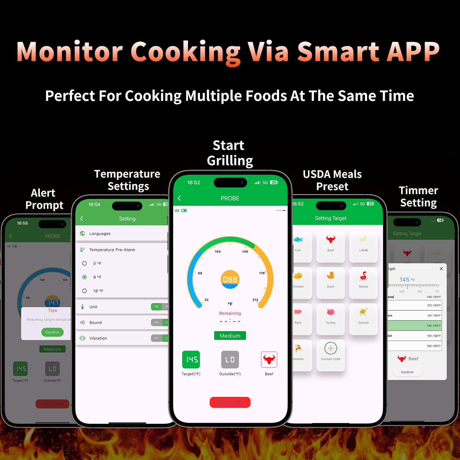 Termometro digitale per carne, wireless, con Bluetooth 5.3, con controllo tramite app, sonda in ceramica impermeabile ad alta precisione, ricarica rapida e magnetico, per forno, grill, barbecue