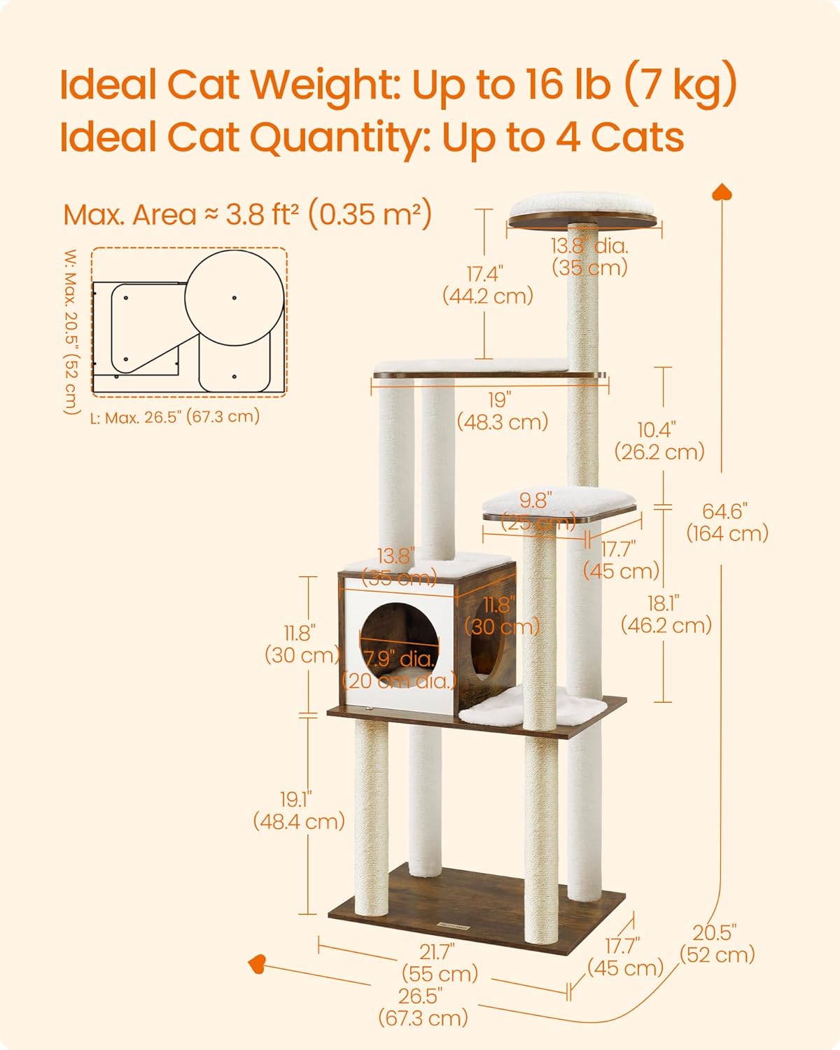 Feandrea Cat Tree, 64.6-Inch Modern Cat Tower, Multi-Level Condo with 5 Scratching Posts, Perch, Washable Removable Cushions, Cave, Rustic Brown UPCT166X01