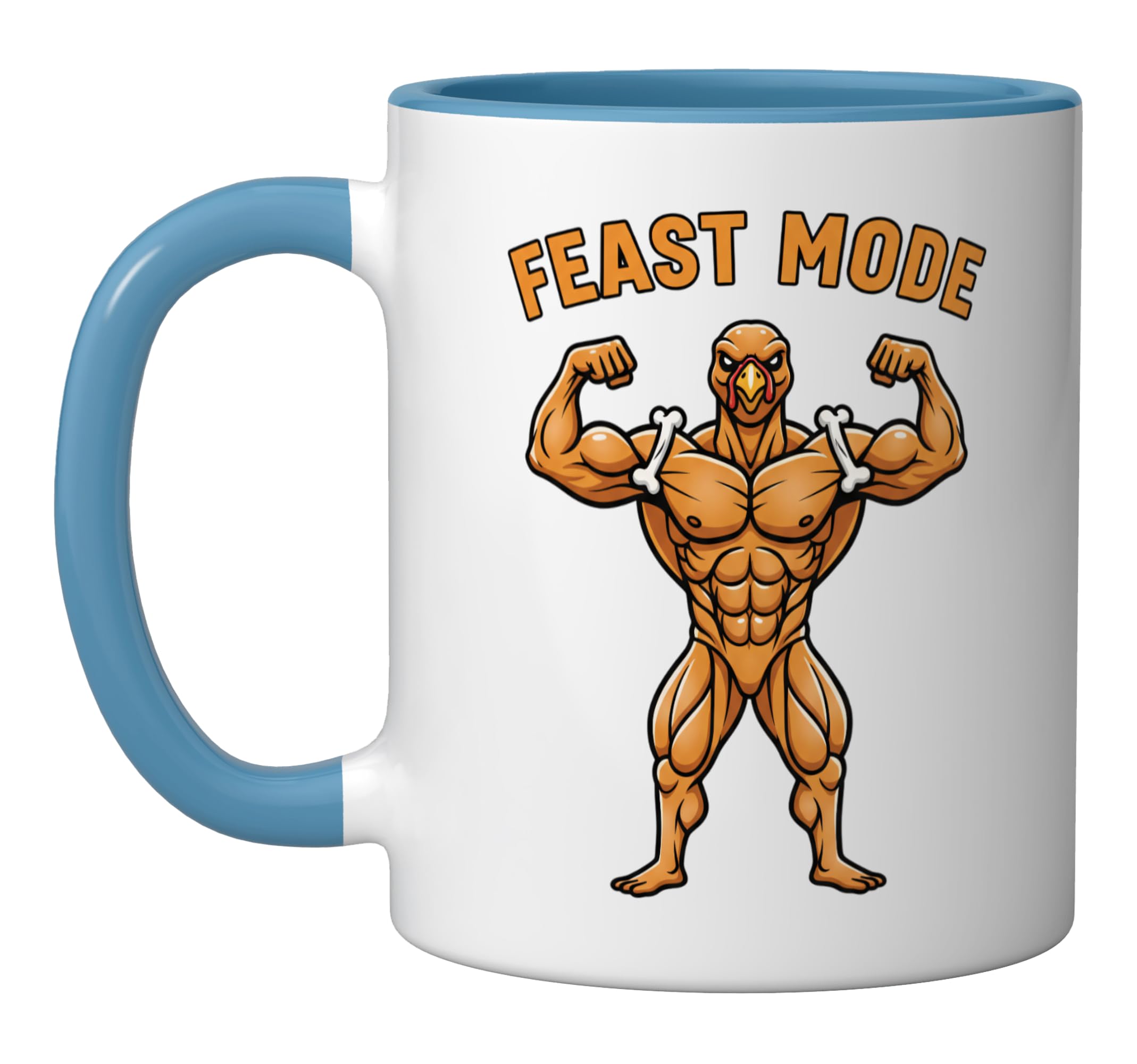 Feast Mode Turkey Muscle Design - Funny Thanksgiving &Turkey Ceramic Mug, Blue/White Blue/White 11 Ounces