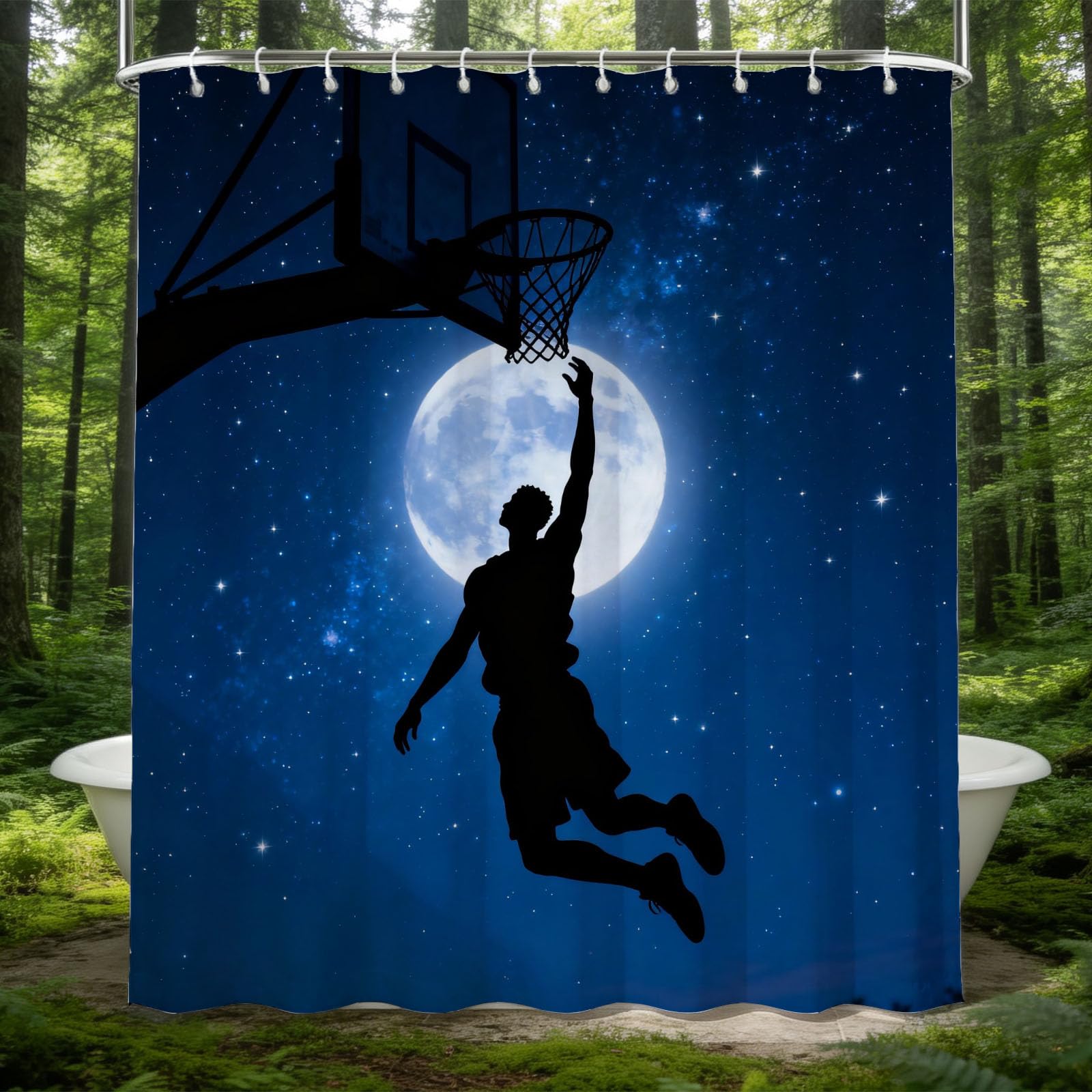 Hongduo 3D Moon Basketball Shower Curtain for Stalls Bathtubs Night Bathroom Decor Shower Curtain Set Polyester Fabric Waterproof 180x200cm/71X79 Inch with Hooks