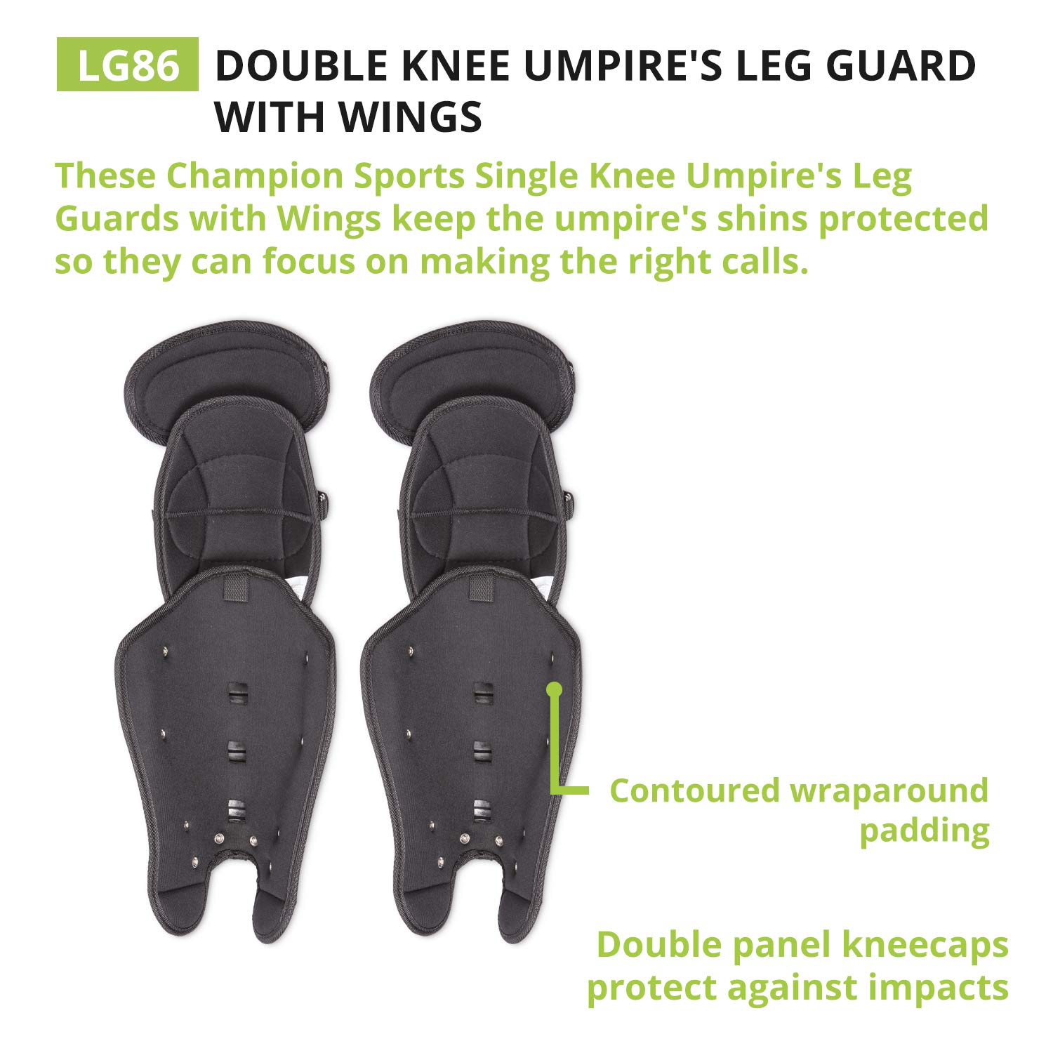 Champion Sports Protectores de Pierna para árbitro: espinilleras de árbitro Doble con alas para béisbol y Softball, 41,9 cm para Adultos, Color Negro