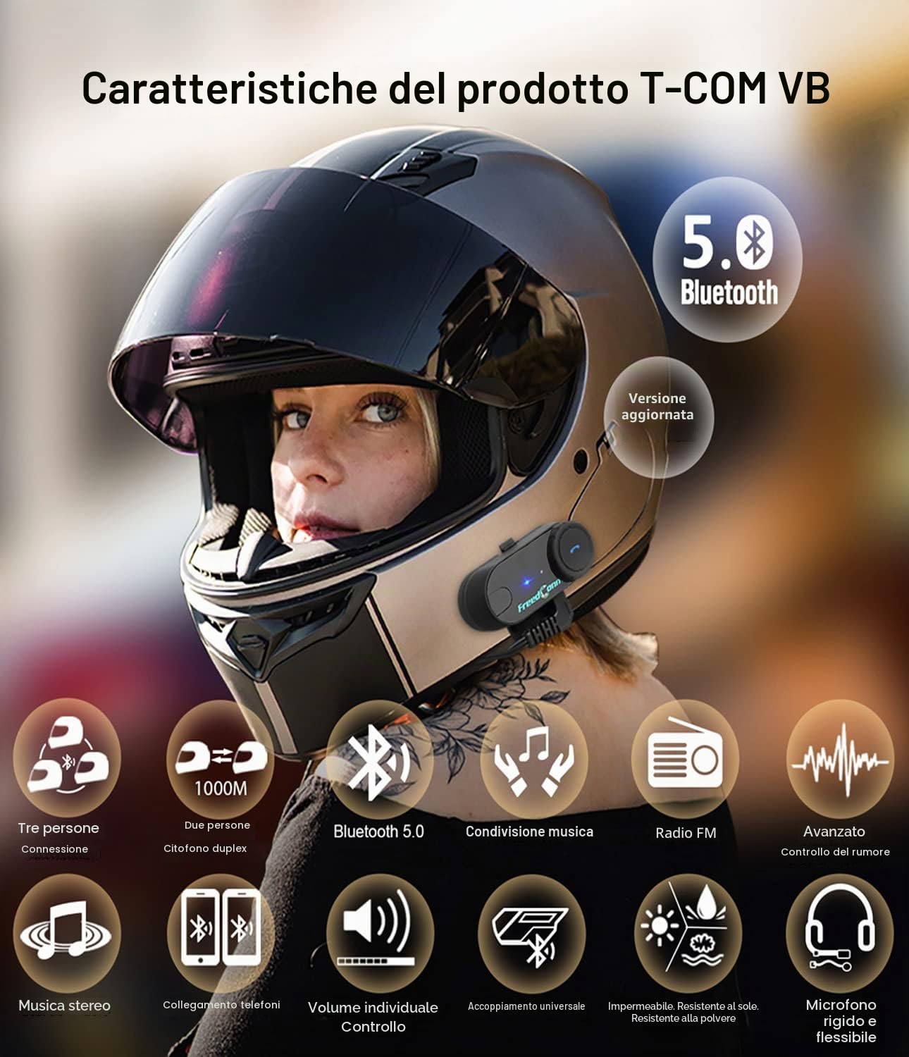 FreedConn Auricolare Bluetooth per casco da moto, TCOM VB 2-Way 800M Sistemi di comunicazione interfono per casco integrale e ribaltabile ecc.(Radio FM/IP65/con microfono 2 in 1) Interfono per moto