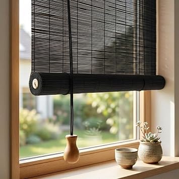 Roll Up Bamboo Shades for Interior Windows, Light Filtering Bamboo Roller Shades for Outdoor Patio and Sunroom, Privacy Woven Wood Roman Blinds Window TreatmentBlack