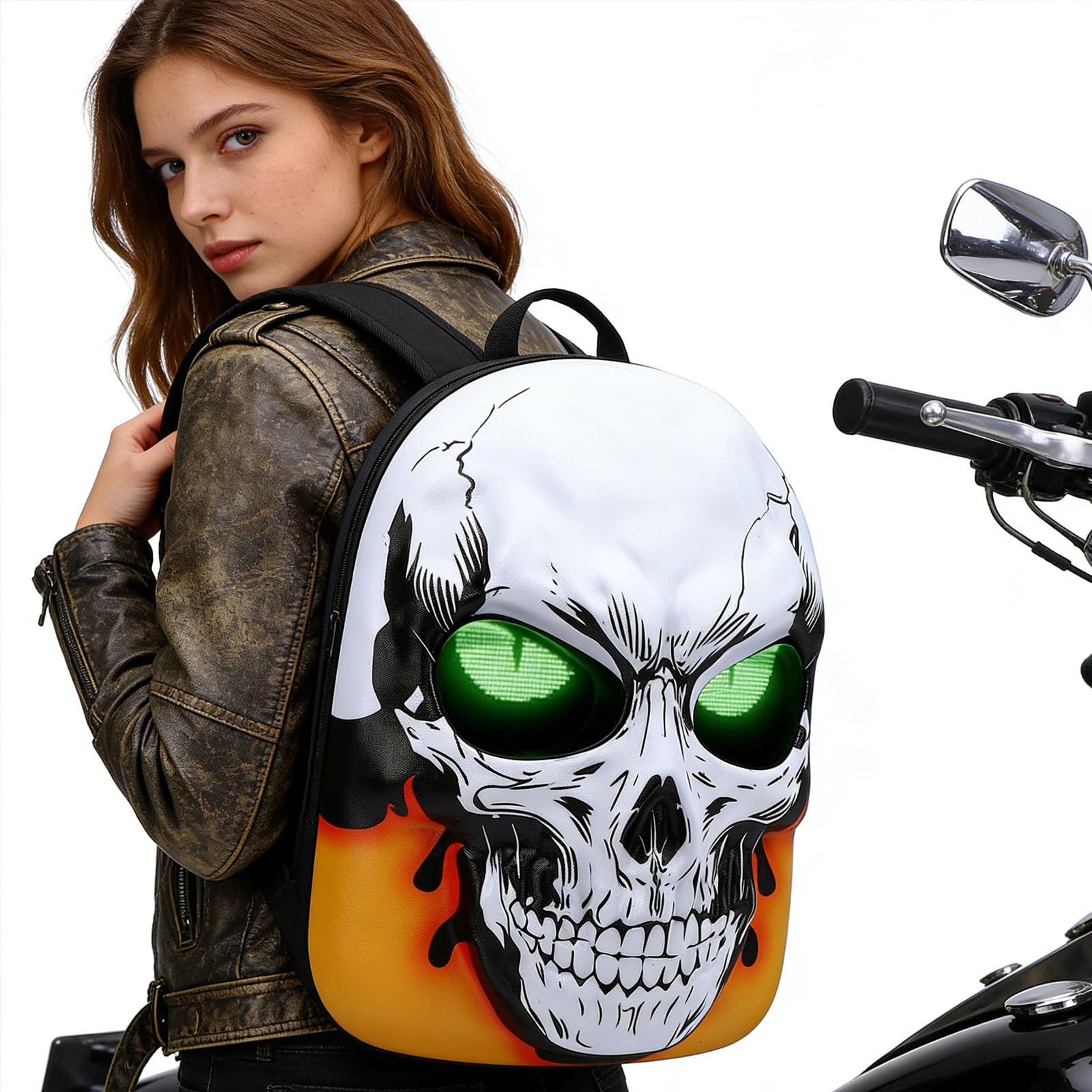 Walfront LED-Rucksack mit Programmierbarem Bildschirm, 3D-Hartschalen-Motorrad-Schädelkopf-Büchertasche für Reisen, Radfahren, Partys, Wasserfeste, Langlebige Reisetaschen mit Großem
