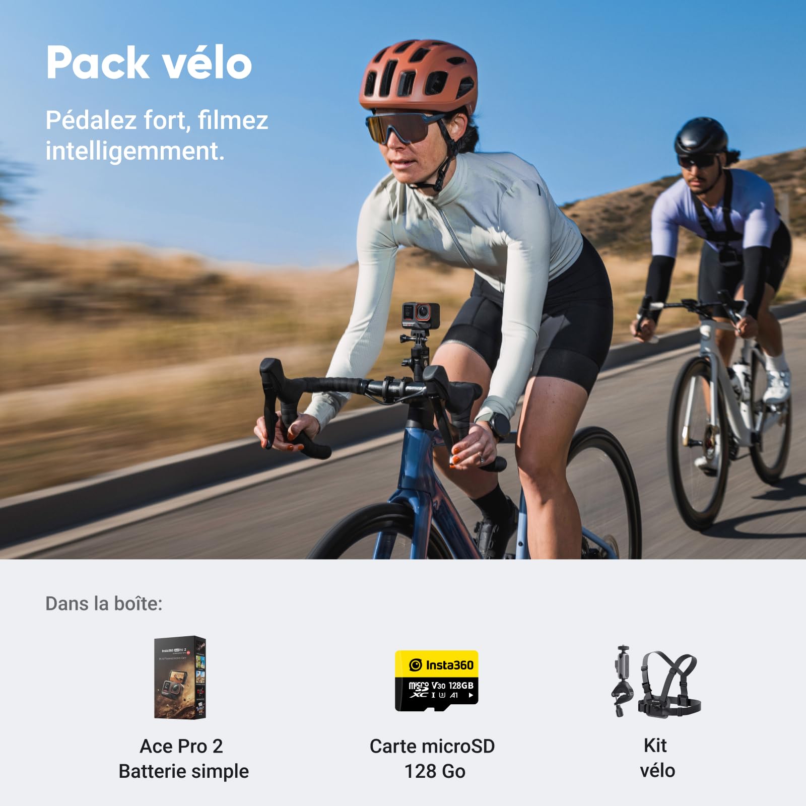 Insta360 Ace Pro 2 Pack Vélo - Caméra d'action étanche 8K co-conçue avec Leica, capteur 1/1,3", Double Puce d'IA, qualité en Basse lumière, Audio avancé, écran Rabattable, édition IA pour Vlogs, Moto