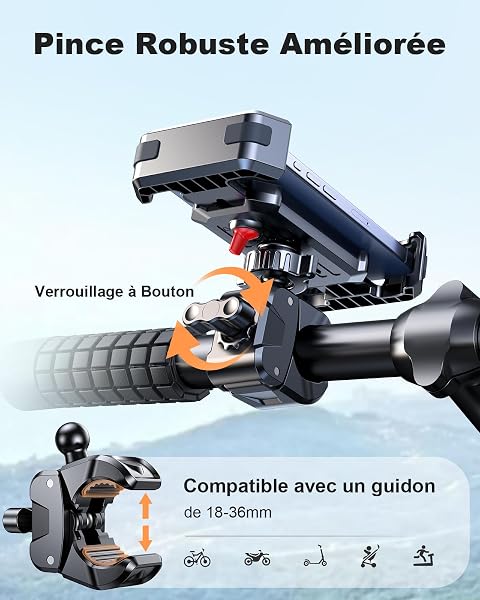 CIRYCASE Support Telephone Velo, [Installation 3S & Anti-Vibration Ultime] Support Telephone Moto, 360° Rotation & Pince de Guidon Robuste, Porte Téléphone Vélo Béquilles pour 4,7-6,8” Smartphones - 5